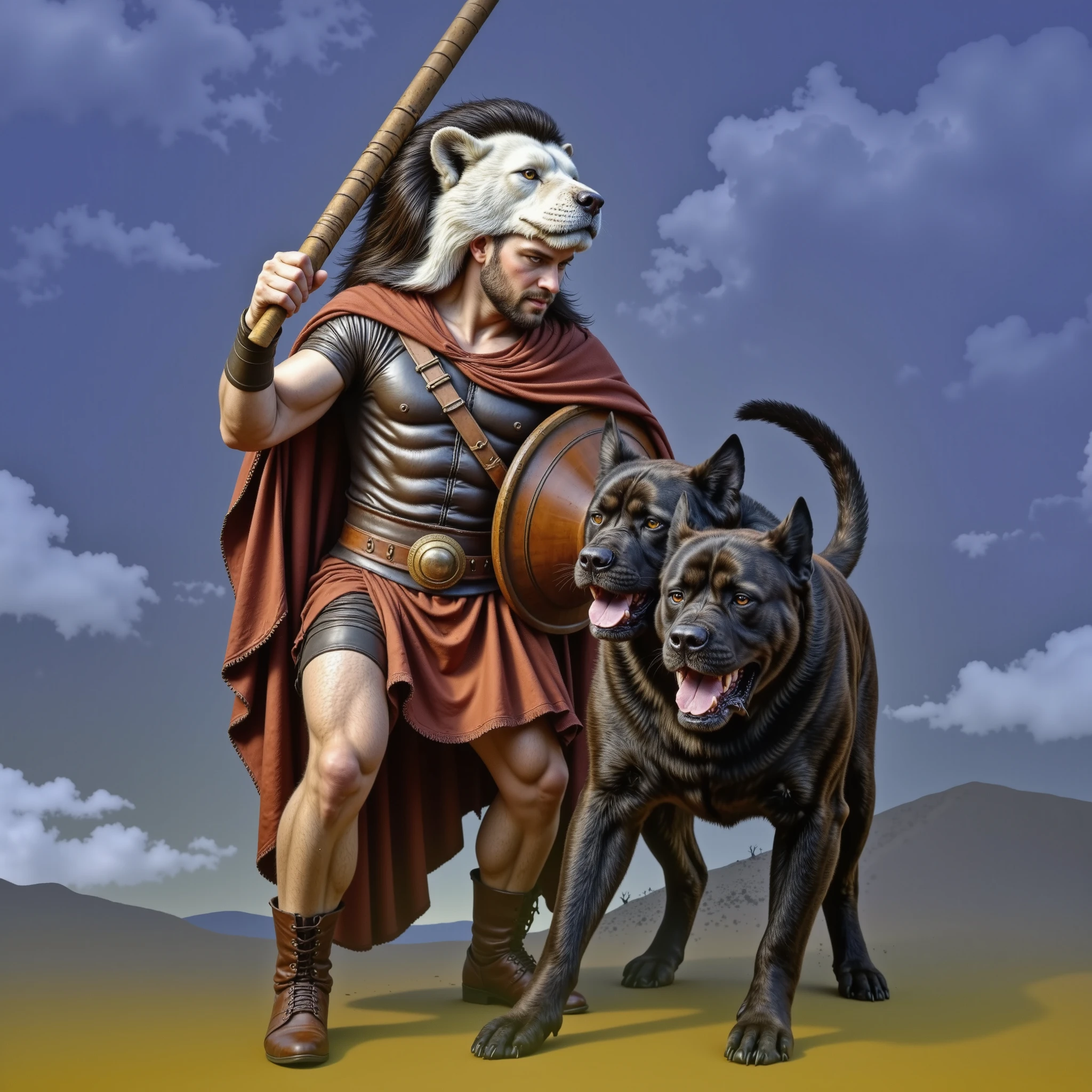 Epic mythological battle scene, realista, vibrante, and well illuminated  (16:9): Hercules stands firm, facing orthrus, impressive two-headed black mastiff. Its muscular shape is covered with leather armor, with a flowing red cape and lion skin over her shoulders, using the lion's head as a hood.  in your right hand,  He holds a round shield , while her left hand wields an enormous wooden stick. orthrus, slightly smaller than Hercules, crouches down in an aggressive stance, both heads growling with prey, his eyes burn with ferocity. The setting is a dramatic mountainous landscape, Ancient battlefield, bathed in golden twilight, with storm clouds swirling above. The ground is rugged and dusty, increasing the tension of the encounter.  Rays of light cross the clouds , illuminating the two warriors in an epic confrontation.