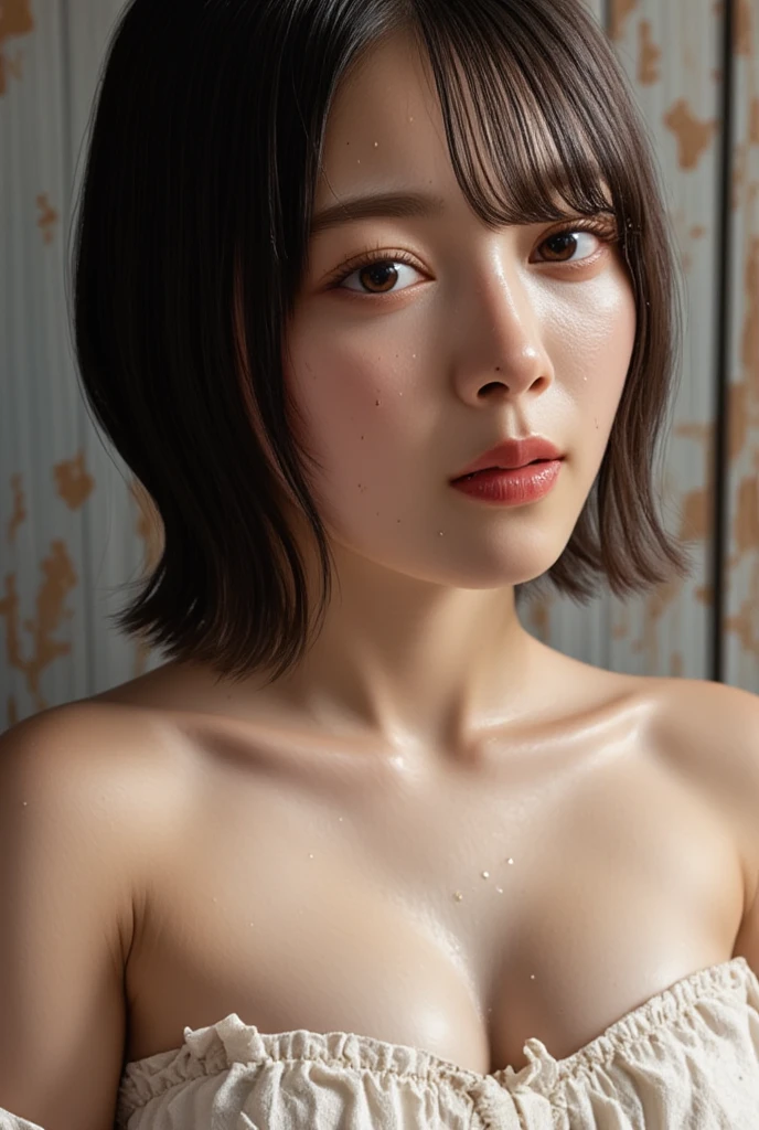 top-quality、masterpiece、超A high resolution、(Photorealsitic:1.5)、Raw foto、1girl in、murky、deep-shadows、Unobtrusive、cold light、sexy appearance、shorth hair、((very_short_hair)), naked portrait, nude photography, shiny nipple