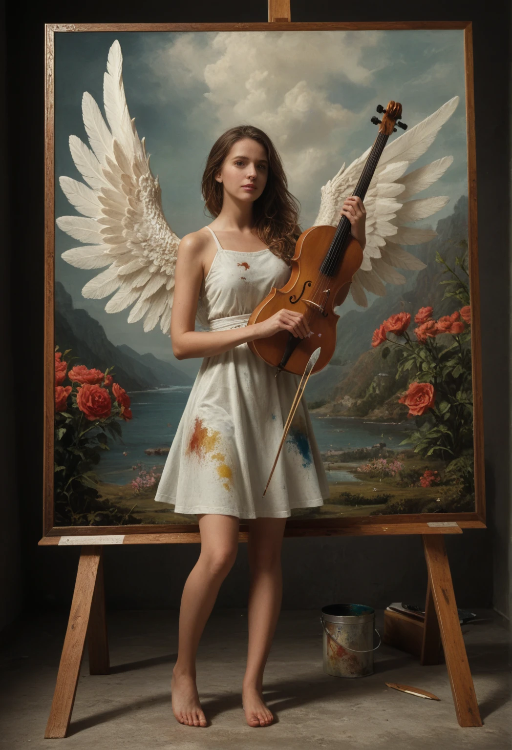 you can create a sexy angel girl holding a lute with shiny background in baroque realistic style, with large wings and full body , blue eyes and bare chest, with realistic peregrine falcon wings, in backlight, with artistic foreshortening, with half-sided face position. with classic motorcycle googles on his head and a cloth on his loose pelvis playing the lute looking down sideways,
