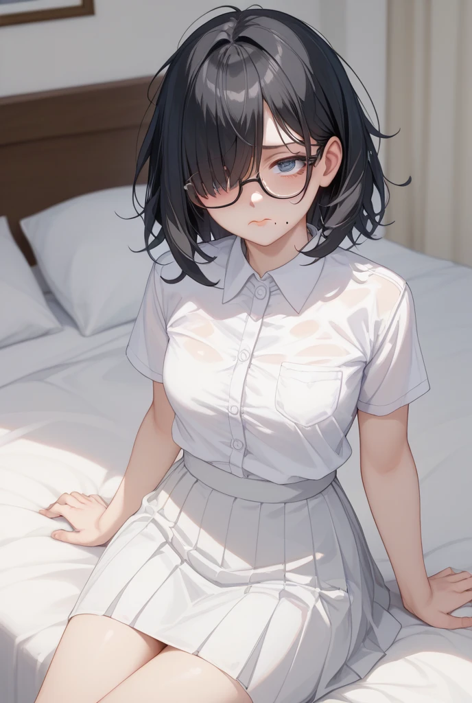 There is a woman sitting on the floor with her legs crossed..., Wearing glasses, Japanese Model, Wearing glasses on, Wearing square glasses, Young Sensual Gravure Idol, Yasumoto Oka, Genuine young gravure idol, Without glasses, Yoshitomo Nara, Aoi Ogata, Wearing glassesいる, Surreal,Provocative,((Beautiful Skin)),((Skin Texture)),((Real Touch)), healthy, unreddish skin, Cute freckles on the cheeks,Mole under left eye,