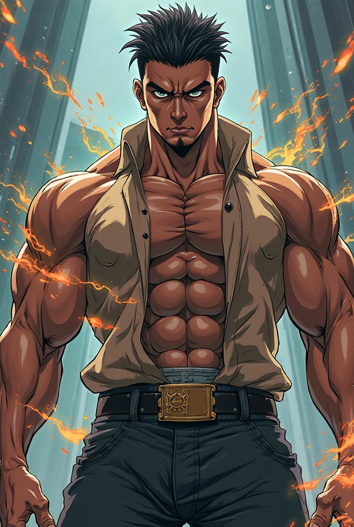 1 man, solo, bad boy, close up shot, a man snapping his fingers, white skin, shirtless, open chest, lots of black chest tattoo, stubble facial hair, muscular, hunk, short cut hair, black hair, smirks, turn head pose, hadesstyle, green fire, mythical fire, fantasy world, best quality:1.2, masterpiece, high resolution:1.2, big light yellow trench coat, gold necklace, high camera angle, shadow, volumetric lighting