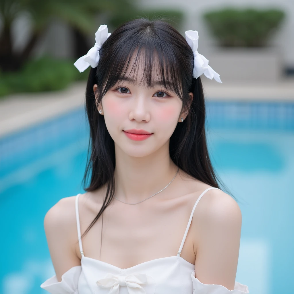 (Retrato en primer plano:1.4) de yuna itzy, wearing a white sweater, labios rojos, opuesto, ( sentada en piscina :1.2) close photography,foto de rostro, foto de cara, La mejor calidad, Obra maestra, Super High Resolution, a super model soaking in a hot spring in Japan, Aguas termales al aire libre, Aguas termales de piedra, surrounded by moss and trees, Super Beautiful Face, cuerpo puro, poros claros visibles, (They are smiling:0.8), using division (Diadema de encaje:1.2), (realismo:1.5), Foto original, cuerpo empapado, cubierto de sudor, cabello detallado color negro, A oscuras, Sombras profundas, discreto, Luz tenue, su cabello es negro azabache, cabello extremadamente largo, She wears a white top and white panties as a swimsuit., su piel es totalmente palida y blanca, cejas finas rostro fino, cuerpo fino, Piel blanca, foto con calidad full 4k, cuerpo delicado y blanco, cejas totalmente finas, cuerpo SIN gordura, cuerpo flaco, extremely small waist, small face, 小脸, totalmente blanca su piel, he has a small smile on his face