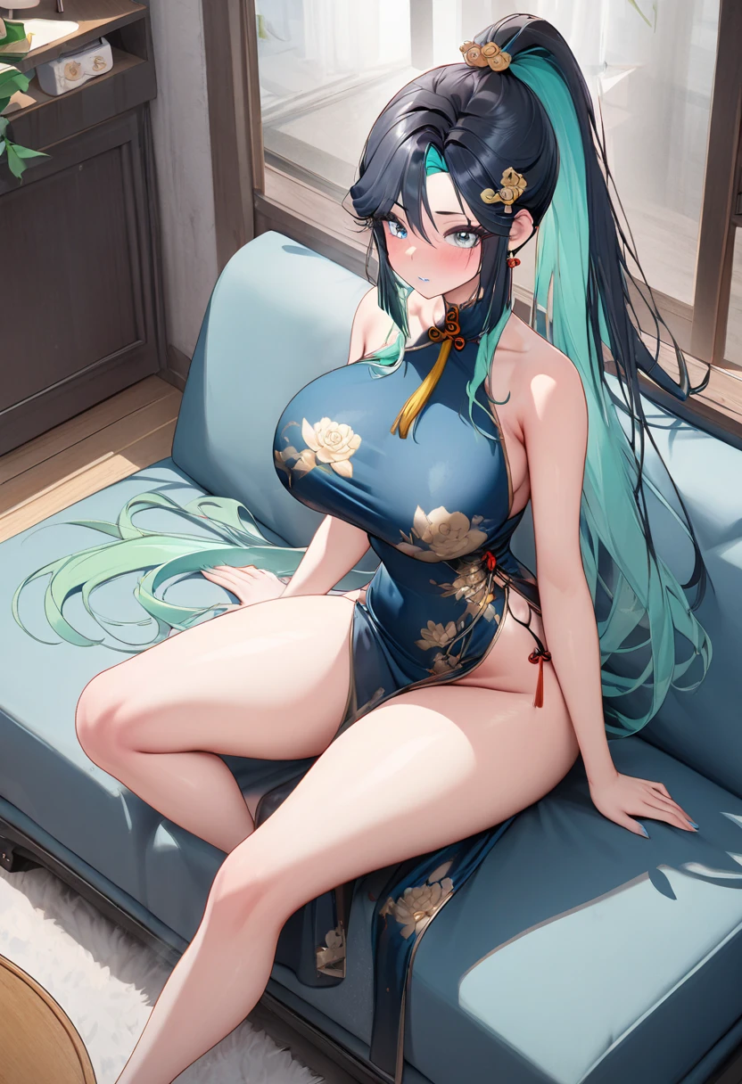 A girl with long blue hair covering one eye, emerald green eyes, and exposed breasts in a cheongsam