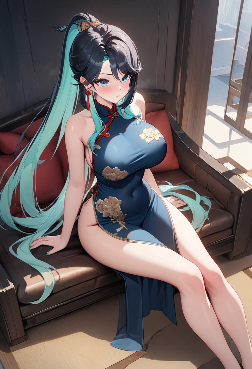 masterpiece, high res, ultra detailed, (ultra-detailed background, detailed background), green dragon girl, 1girl, monstergirl, dragon like girl with dragon tail, perfect face, (long black hair color), Chinese hair bun hairstyle haircut, ((red and golden color of dress)), (((detailed face, detailed hands, detailed body, detailed eyes))), symbol of the year, Chinese lunar calendar, (Green wooden dragon:1.2), (geometric:1.2), colorful, full body, holding smoking tube, ((sitting on couch sexy pose, looking to the viewer)), ((traditional Chinese clothes)), ((dragon scales at body skin:1.5)), fireworks on background, muscular body, perfect athletic fit body, Chinese red ornaments tattoos, ((dragon-girl of Chinese culture))