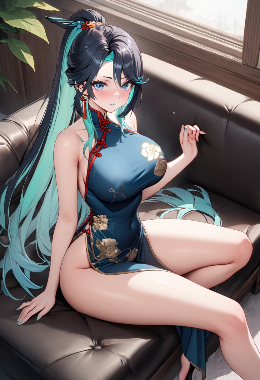 A girl with long blue hair covering one eye, emerald green eyes, and exposed breasts in a cheongsam