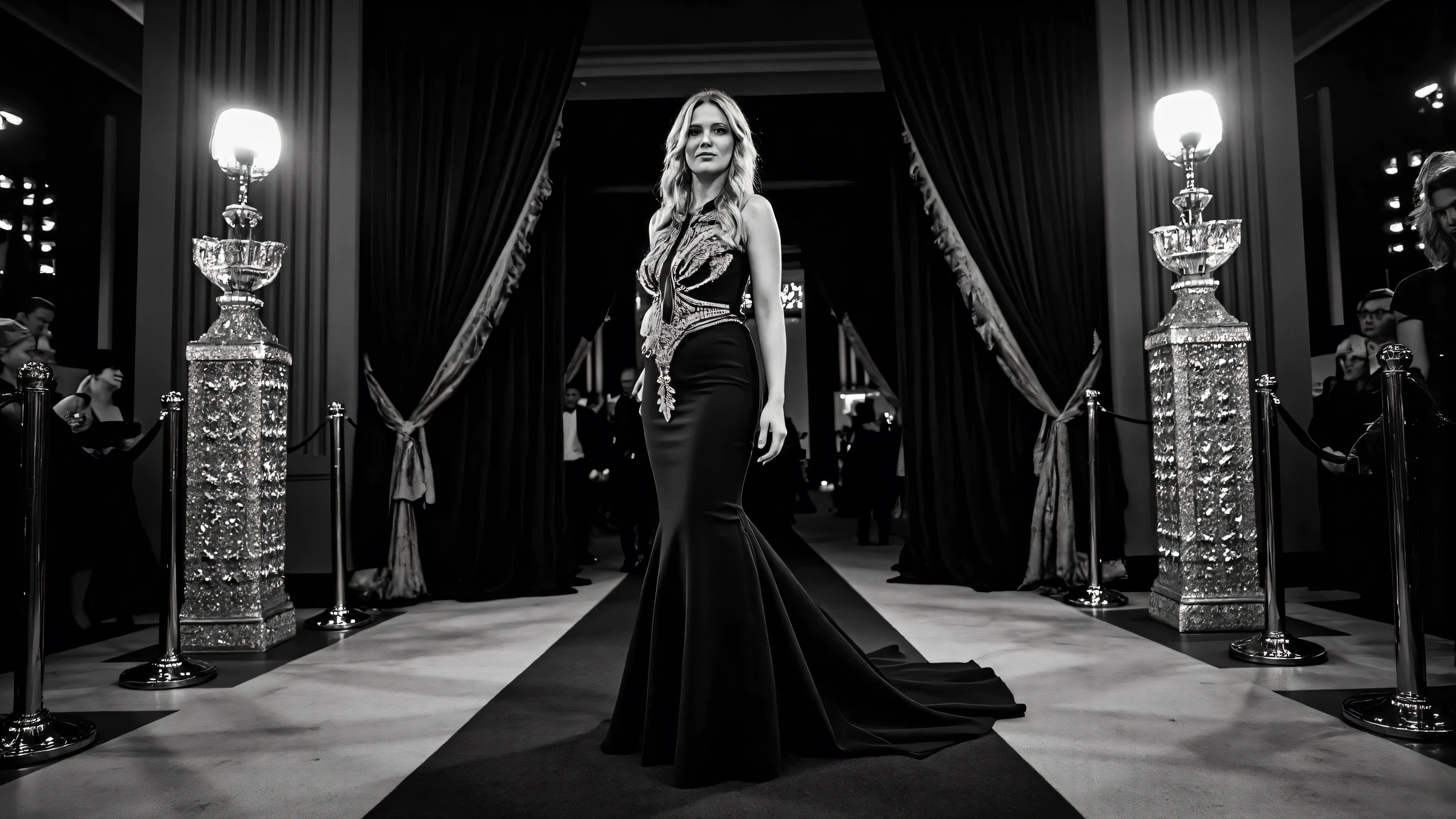 Monochrome photograph of a confident and radiant Mikka 19 years old, young, green eyes, blond hair, Busty Breasts, curvy and fit body, standing alone at the center of an opulent red carpet at the Met Gala, captured in an ultra-wide horizontal frame (21:9 aspect ratio), low-angle shot to emphasize her towering presence. She wears a high-fashion black couture gown, sculpted and architectural, with diamond-like accents that catch and refract the light. The dress flows with structured elegance, tapering at the waist and extending into a long, dramatic train behind her. Her pose is editorial and commanding: one leg slightly forward, one arm bent with hand on hip, the other arm dropped softly but with intention. Her head is turned slightly to the side, chin up, eyes intense, posture confident and regal — as if she's embodying the very concept of fashion.
Around her, the red carpet is framed with symmetrical crystal and silver sculptures placed tastefully at intervals, flanked by soft golden uplights and chrome reflectors that illuminate the scene evenly. Behind her, a backdrop of deep velvet curtains and museum-style lighting structures adds theatrical depth. No crowd, no noise — only elegance. The lighting is cinematic and directional, with highlights sculpting her face and silhouette, shadows softly controlled to preserve the luxe aesthetic. The composition evokes a Vanity Fair editorial, timeless and majestic. The entire scene is in blacknwhite