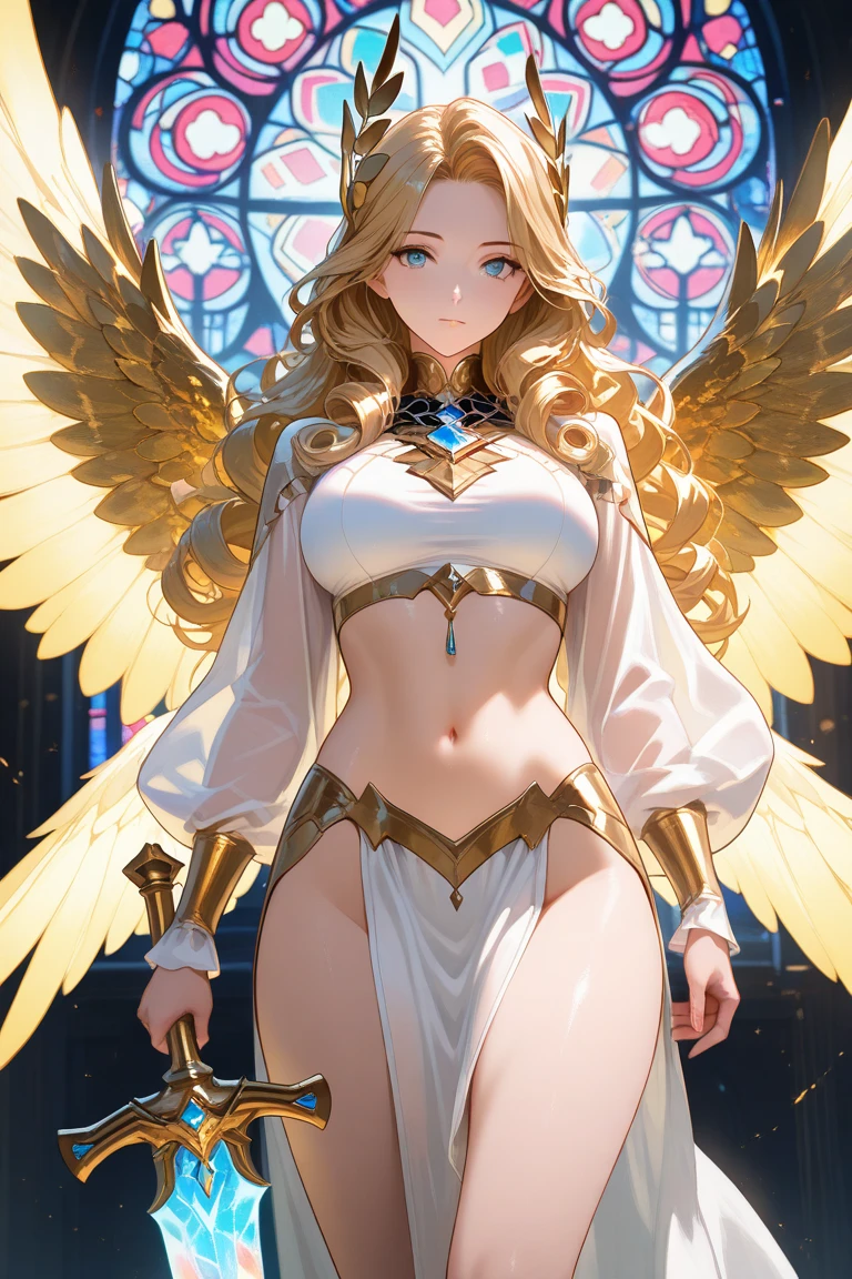 ((Magnificent, celestial, floating above ground)) ((posing sexy)) ((beautiful russian supermodel is a celestial angel)) ((Big bright blue eyes)), ((dark eyeshadows make up)) ((bright red lipstick)), ((with seductive gaze)) ((very long light blonde hair))((huge breasts:1.5)) ((perfect slender body:1.3)) ((small waist;1.3)) ((wears sexy fantasy gold corset armour detailed ornament and white tiny string thong bottom, loincloth)) ((gauntlet and white stockings, gold high heel boots)) ((halo of light and gold over her head and behind her, big white wings)) ((glowing magic sparks particles floating around))((with black sky background and white light reflectors on her)), ((high definition:1.5), ((amazing lights and shadows)) ((masterpiece:1.5))((8k:1.5)) ((Best quality:1.4))