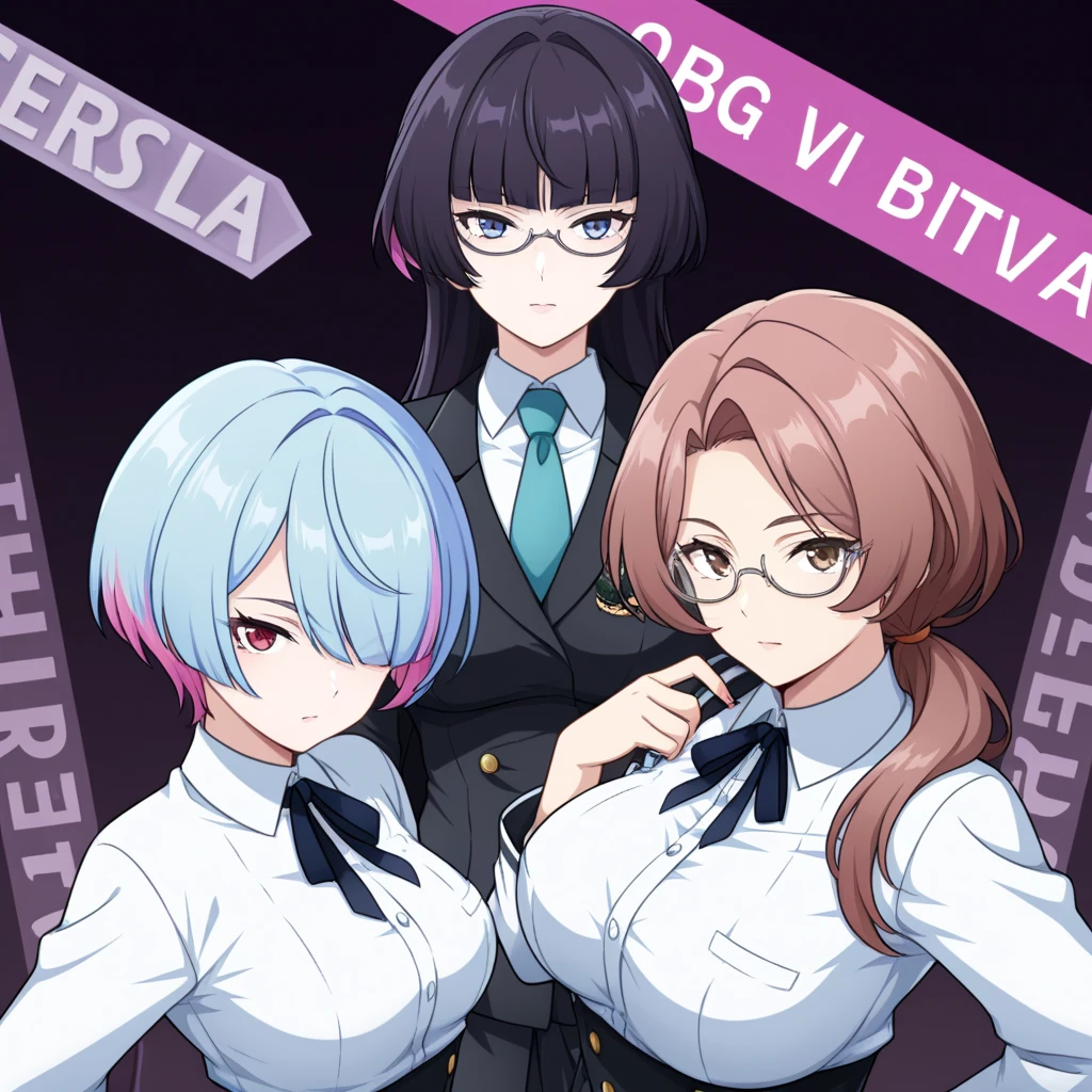 best quality, female, multiple girls, grou, standing, front view, large breasts, best quality, 6girls, crowded, close up, slender, blonde hair, black hair, blue hair, silver hair, red hair, pink hair, green hair, 6 girls, blush, eye glasses, brown skin, twin tails, bow shaped hair, ponytail, aichan, arisa ayase, (wedding dress)