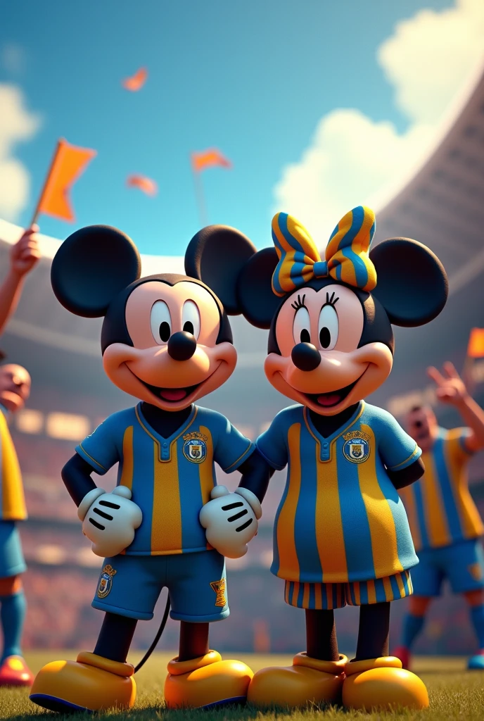 Make the joker in the Atletico de Madrid stadium with the Atletico de Madrid shirt and have him with Winnie the Pooh with the Barcelona shirt and there is a blue cat with the Real Madrid shirt and everyone is in the street