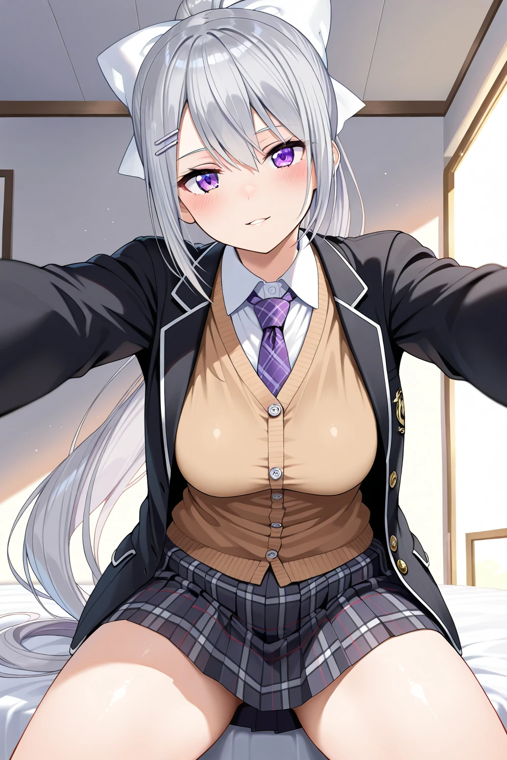masterpiece, best quality, 1 girl,university student, solo, large breasts, ponytail , silver hair, blue eyes,black oval glasses, ,bedroom, nsfw:1.6, black collared shirt, blazer, pleated skirt, , bow,show off nipple,((man on top:1.3)), ((1 boy and 1girl are having sex on bed:1.2)), pov, steam,nose blush,(ahegao:1.2),sweat,spoken heart:1.5, ((side veaw:1.2)), sexually excited,cum in pussy:1.6