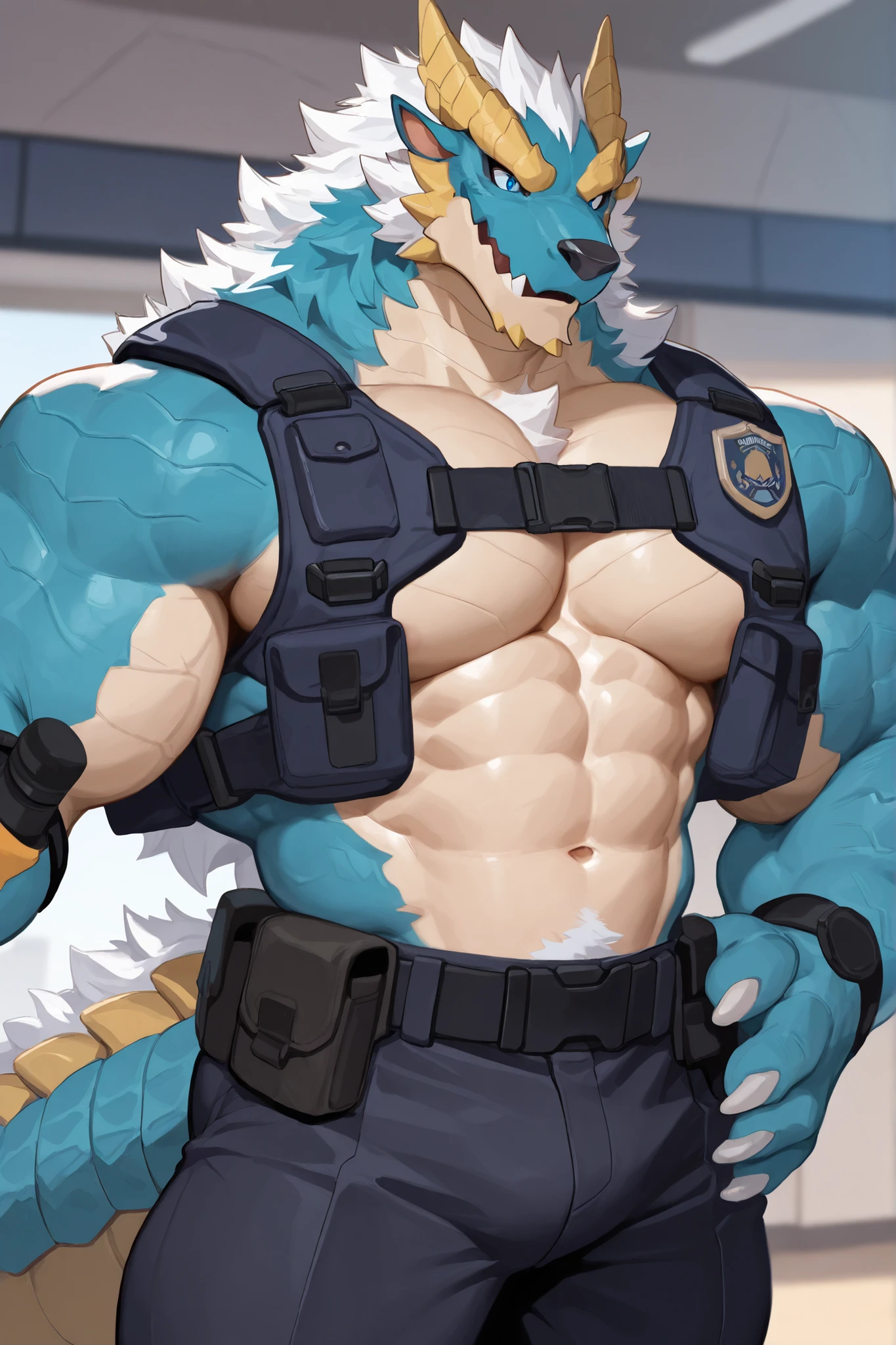 1 boy , alone, human furry ,Zinogre, ,wilderness , strong muscles,High Aims, strong physique ,Very powerful , body Ogita style , masterpiece,Dragon Tail, blue eyes ,( blue police uniform,black pants :1.2),Cool。。
Confident posture、
masterpiece, best quality,