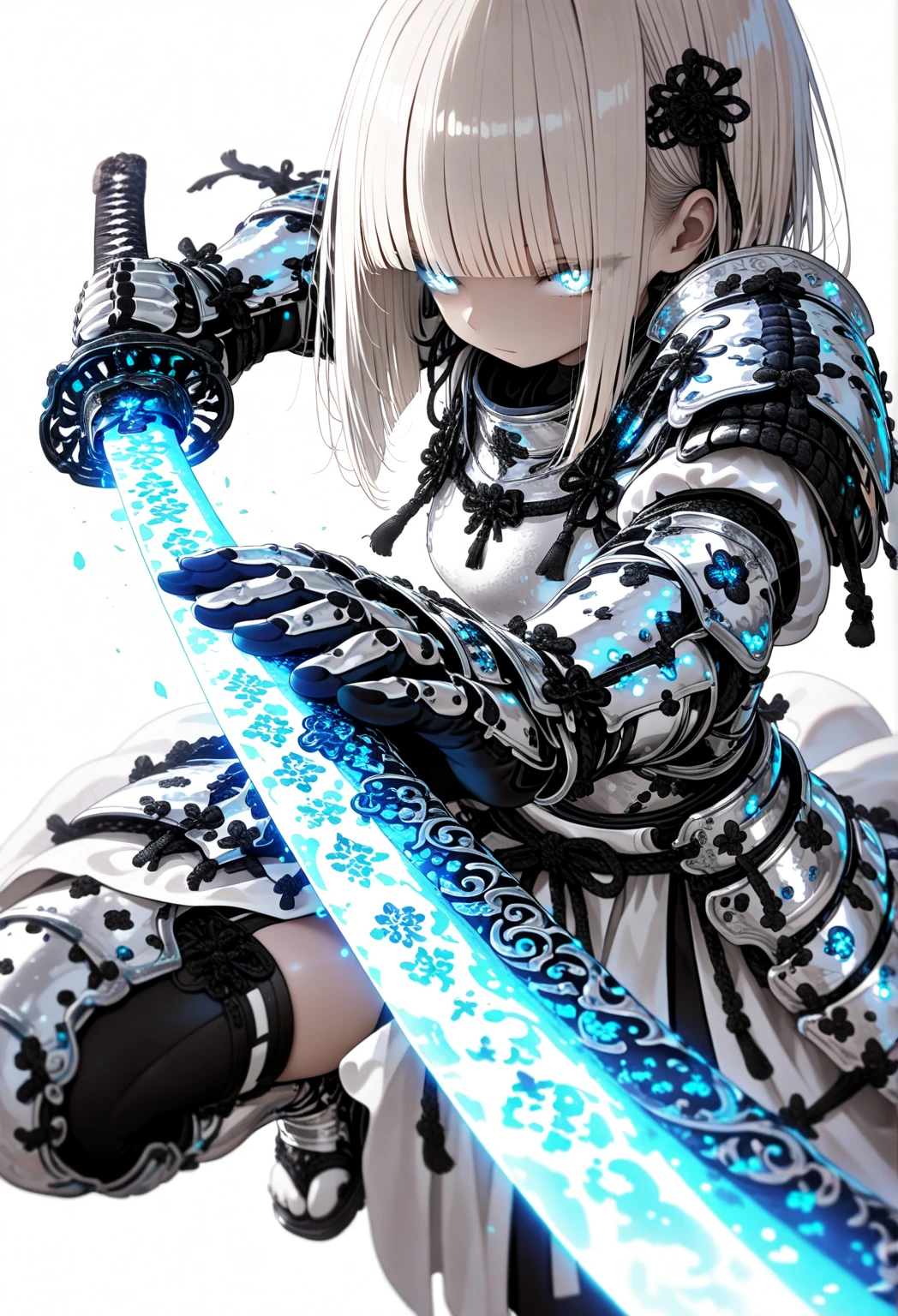 1girl, solo, blunt bangs, foreshortinging, holding sword, glowing sword, katana, white theme, armor, pauldron, engraved, simple background, white background
