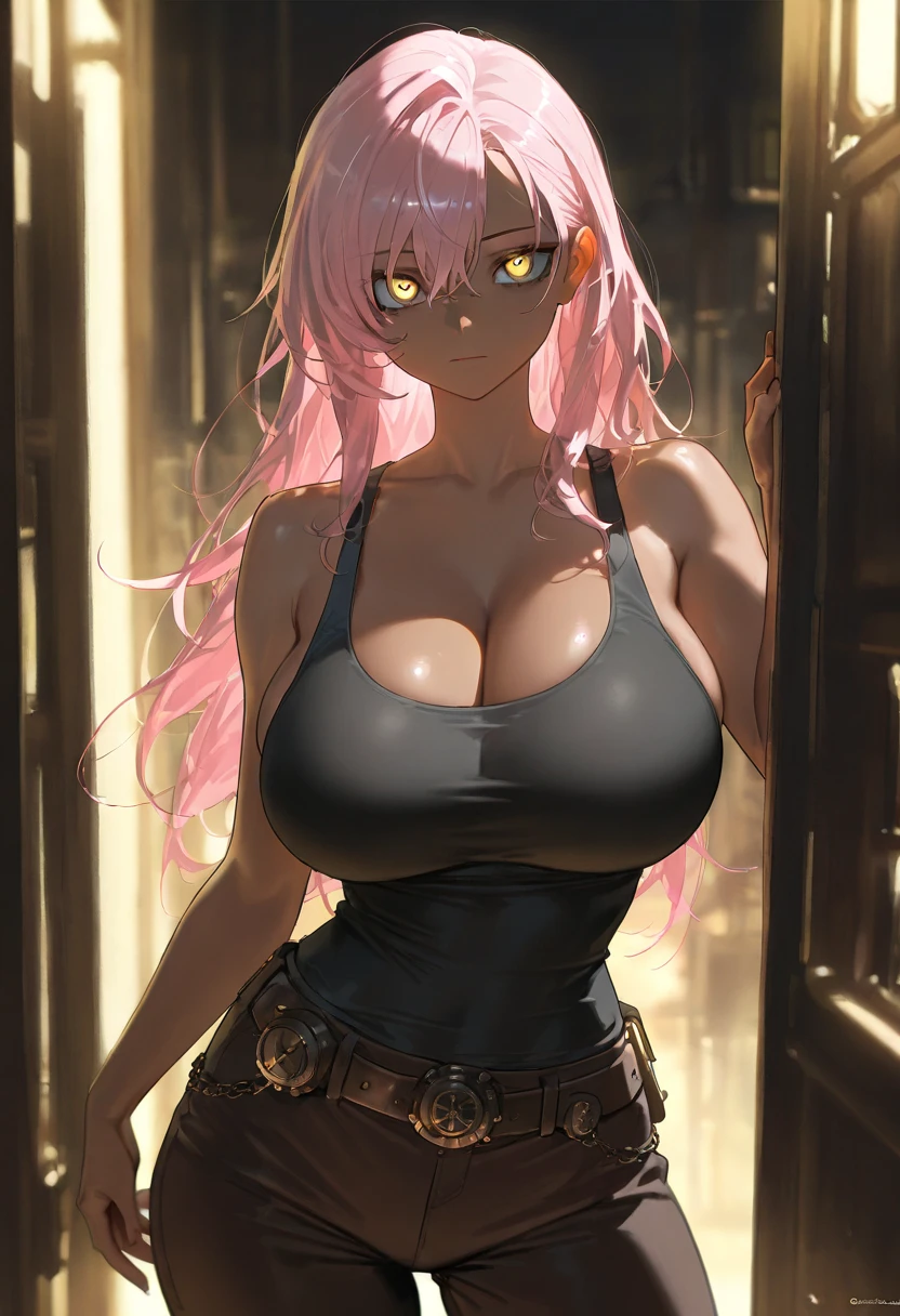 4k, ,Lens flare, pink hair ,mascara, eyeliner, god rays, 4k, 8k, best quality, masterpiece, hyper detailed, intricate detail, 1girl, solo, detailed, Detailed fuchsia hair ++, detailed pink eyes ++, raytracing, perfect shadow, highres, enhanced eyes, huge breasts, horns, seductive, hyper detailed, Appearance: An anime girl with a confident and alluring demeanor. She has a statuesque and commanding presence, standing tall with a well-defined figure. Her expression exudes self-assuredness and a touch of mystery, drawing others in.
Hairstyle: Long, sleek hair that cascades down her back, usually tied in a loose, low ponytail. A few strands frame her face, adding a sensual touch.
Outfit: A tailored and form-fitting black dress with strategic cutouts and lace-up details, emphasizing her curves. The dress has a high slit that reveals a glimpse of her thigh as she walks. She wears strappy stiletto heels that add height and elegance.
Accessories:
Choker: A wide leather choker with metal studs and a lock pendant, symbolizing her dominant nature.
Earrings: Dangling earrings with delicate chains and a mix of metallic accents.
Rings: Multiple silver rings with edgy designs, including one statement ring that catches the eye.
Makeup: Dark and intense makeup featuring smoldering smoky eyes, sharp winged eyeliner, and a deep, bold lip color. Contoured cheekbones accentuate her face's alluring angles.
Attitude: She exudes confidence and control in her movements and interactions. Her gaze is piercing and direct, creating an intense and magnetic connection with those around her.
Personality: While she embraces her dominant side, she does so with respect and consent. She's adept at reading situations and people, understanding when to assert herself and when to be more reserved. She values open communication and maintains clear boundaries.
Background: A sophisticated and classy bar, a cocktail martini sits beside her, shes at a bar