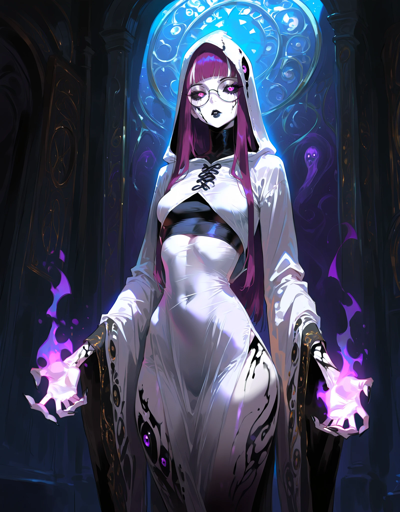 ((NSFW, , best quality, amazing quality, very aesthetic, extremely detailed, intricate details, minute details, detailed background, dramatic cinematic lighting:1.4,incredibly_absurdres, hard light:1.4, masterpiece 8k, vivid colors, rich palette, score_9, score_8_up, score_7_up), ghost woman, ghostfreak skin\(ghostfreak, ghostfreak body, white skin, solo, no humans, purple eye, black sclera, ghost, small breasts, straight bangs,, straight hair, long hair, purple hair, glasses, black crop top, black lips, white hood, white tunic whith black streaks, black marks, stripes, multi eyes\)
