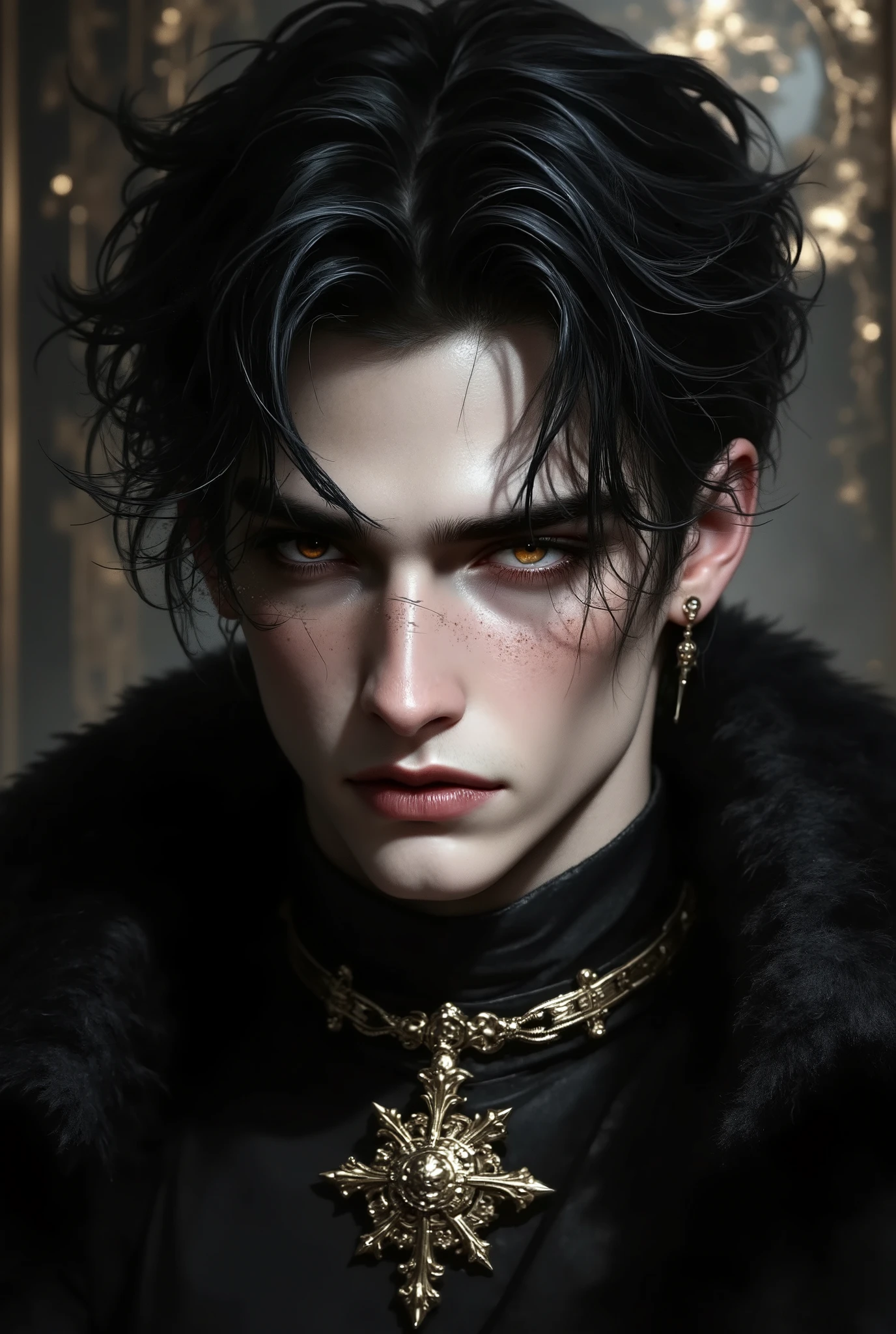 Noble young prince
Aristocratic youth
Mysterious male beauty
Medieval nobleman
Regal young man
Raven-haired male
Enigmatic royalty
Delicate but strong features
Noble gaze
Art Style Keywords:
Cinematic fantasy portrait
High-detail realism
Soft moody lighting
Baroque background
Rich color grading
Fantasy film aesthetic
Painterly touch
Period drama lighting