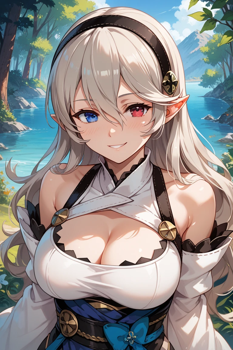 one-girl，the original god，Paimon，cleavage，Be red in the face，Close-up shot，sportrait，looks into camera，ssmile，White clothes，mediuml breasts，jungles，grassy fields