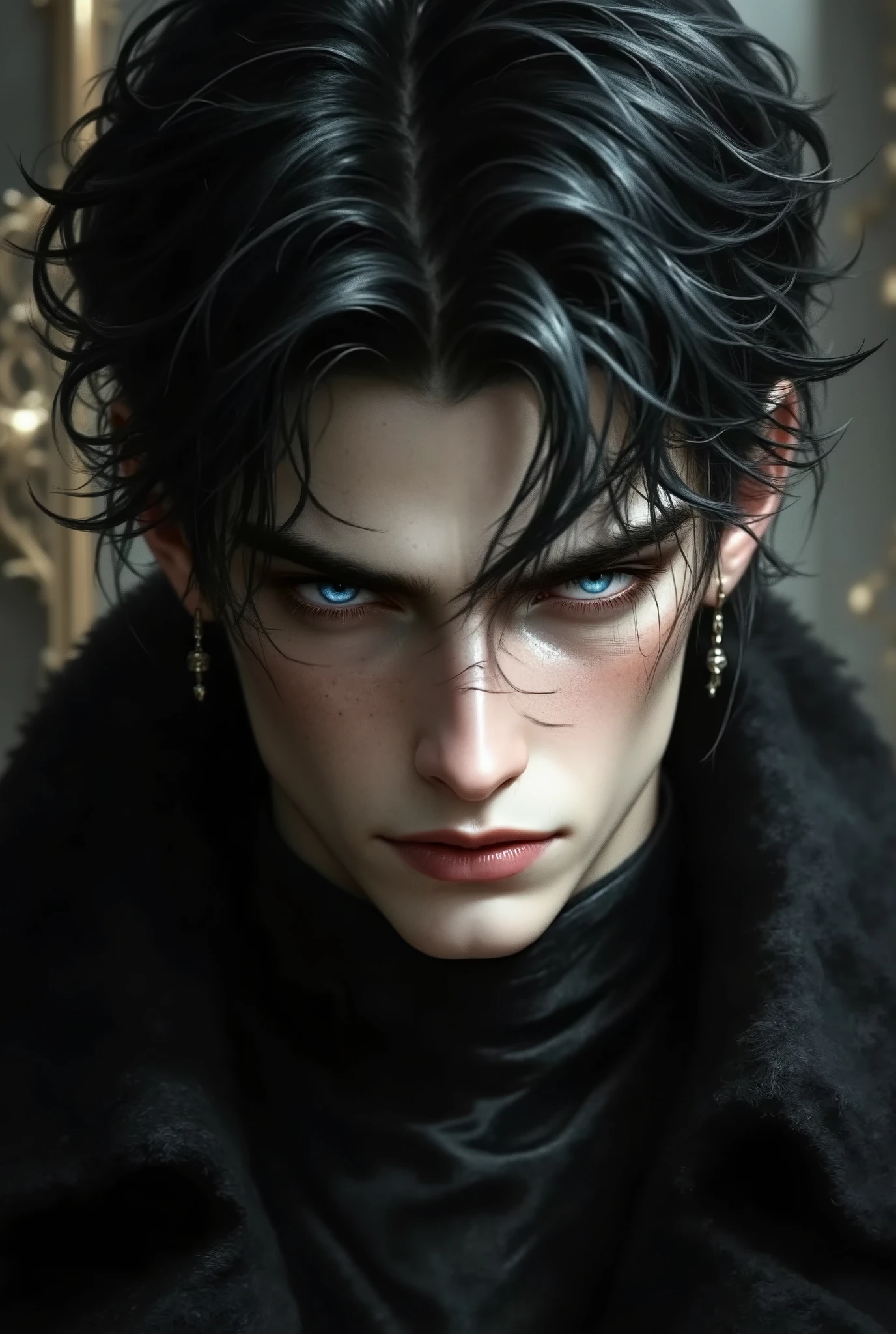 Noble young prince
Aristocratic youth
Mysterious male beauty
Medieval nobleman
Regal young man
Raven-haired male
Enigmatic royalty
Delicate but strong features
Noble gaze
Art Style Keywords:
Cinematic fantasy portrait
High-detail realism
Soft moody lighting
Baroque background
Rich color grading
Fantasy film aesthetic
Painterly touch
Period drama lighting