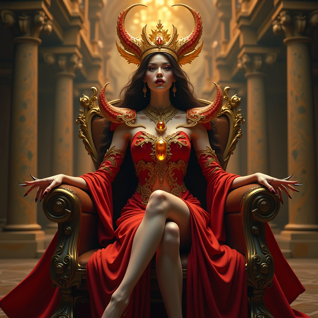 A gigantic mystical sorceress with vibrant red garments holds sway over a dystopian Earth. The relentless figure sits on an enormous throne in a grand hall, surrounded by her influential imagery and countless diminutive figures who kneel in reverence, considering her as their divine ruler.