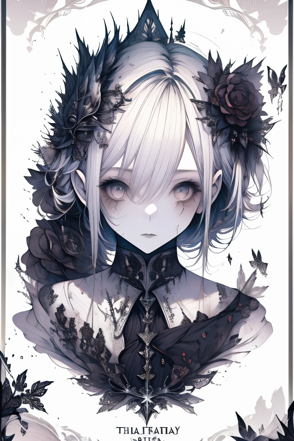 Girl in White card game stamp with Final Fantasy aesthetic style, masterpiece, (best quality), (ultra-detailed), gothic_artstyle