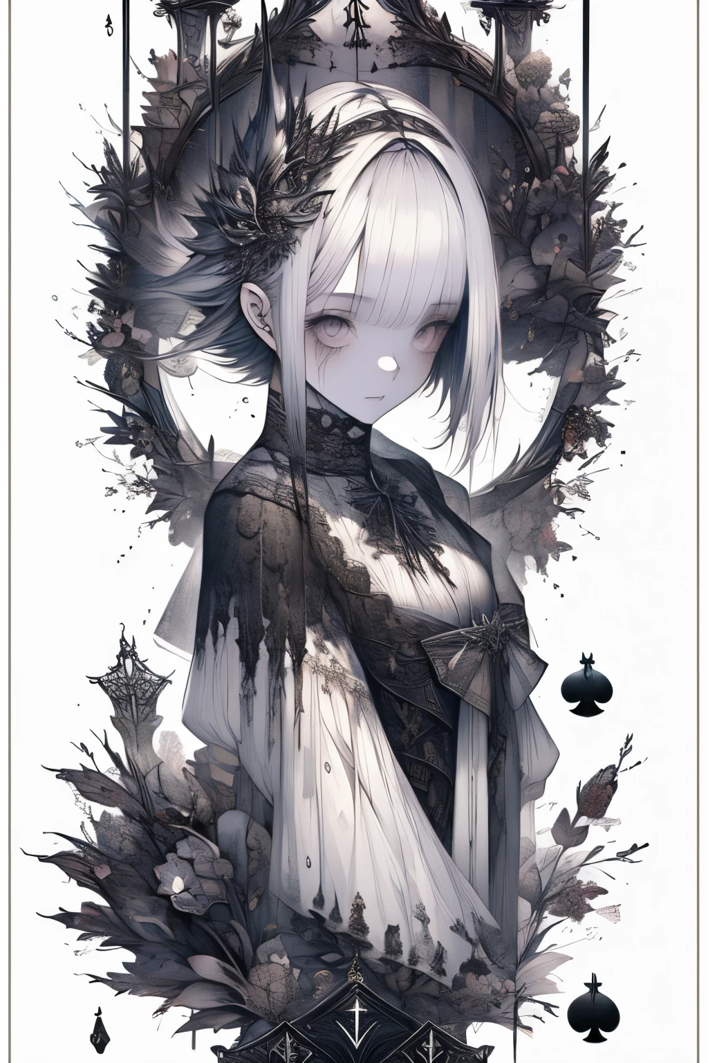 Girl in White card game stamp with Final Fantasy aesthetic style, masterpiece, (best quality), (ultra-detailed), gothic_artstyle