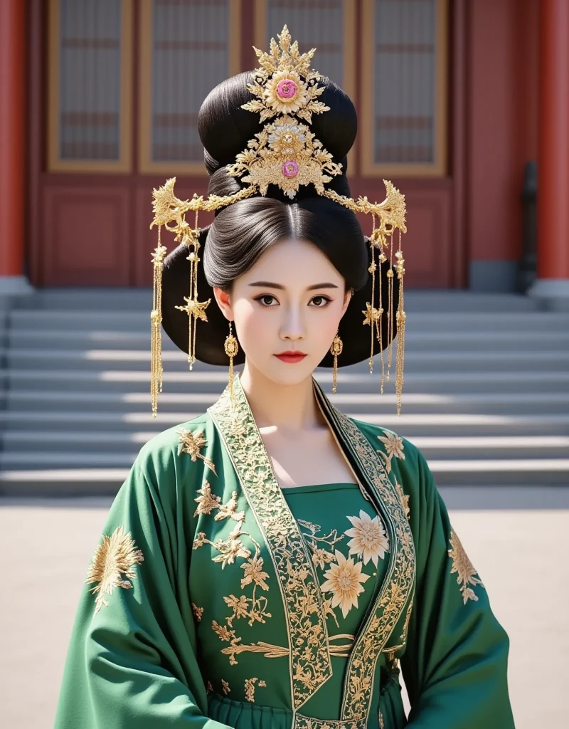 [CHARACTER: Tang Dynasty Imperial Noblewoman]  
Appearance: A breathtakingly beautiful Chinese woman with luminous porcelain skin, elegant oval face, soft round eyes, and an aura of authority mixed with sensuality.  
Outfit: Wearing an **extravagant Tang Dynasty hanfu**, with layers of **rich silk robes** in hues of deep red, gold, or royal purple, adorned with **phoenix and peony embroidery**, golden trims, and flowing wide sleeves. Her outer robe drapes gracefully, revealing inner layers with intricate brocade.  
Hair: Styled in a **tall, elaborate Tang court updo**, decorated with **gold phoenix pins**, **jeweled crowns**, **floral hair ornaments**, and **dangling pearl strings**.  
Expression: Regal and composed, with a soft, knowing smile or a serene, powerful gaze — full of imperial charm and timeless grace.  

[SCENE]  
Location: Standing or seated in a **Tang Dynasty palace hall**, or on a marble terrace with carved dragons, red pillars, and hanging silk drapes. Optionally near **an imperial lotus garden** or **silk-curtained balcony** overlooking the court.  
Lighting: Warm golden indoor lighting, with beams of sunlight from tall windows or lanterns casting soft highlights on silk textures and jewelry.  
Mood: Grand, majestic, and intimate — capturing the elegance and dominance of a woman born to rule.  

[CAMERA]  
Full-body or mid-length portrait, capturing the flow of the robes, the headdress, and facial expression. Side angle or slight tilt for cinematic drama.  

[STYLE]  
Ultra-realistic 8K, cinematic lighting, dramatic shadows, soft focus on background to enhance regal presence.  
Avoid cartoonish tone — use royal color palette, authentic textures, and Tang Dynasty aesthetics.
