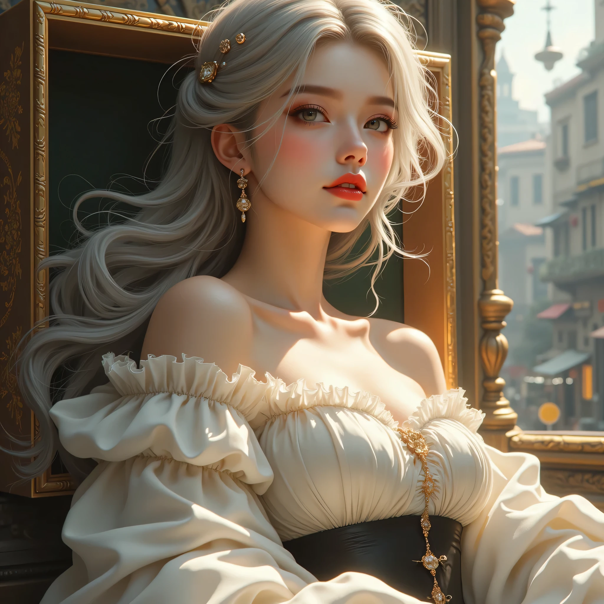 ((woman lying inside a gift box))、(masterpiece、Highest Quality、steampunk art、sunlight、illuminates your face、Super Detail、written with thigh composition、Magic Rim、Gray Hair、Real queen、 red lips、Super Detail、very detailed、(high contrast:1.11)、wind、great、beautiful細部の目、disheveled hair、(best lighting from above、とても繊細でbeautiful)、((Cinema Light))、(from the side:1.3)、((Adrian Honig)girl with blond hair and blue eyes、beautiful、thin((translucent white blouse、Black silk underwear、Bite underwear 、sexy pose、(girl lying with her eyes closed in a box)、 butt sticking out、short bob woman、Bite underwear 、sexy pose、Thin lower body、woman has a window behind、you can see various buildings around town(disorganized、high definition、Super Detail)、