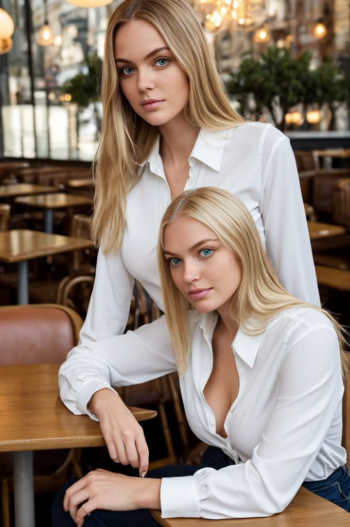 high quality,16K:1.1),((, Two German women sitting on chairs in a coffee shop)Facing each other across the desk,Chatting 、(Full Body Shot:1.2),(),Blonde wavy hair、、ear piercing、smile、Beautiful teeth alignment、((Long sleeve blouse、Skinny jeans、pumps)), ,(View your audience:1.3),The background is a coffee shop