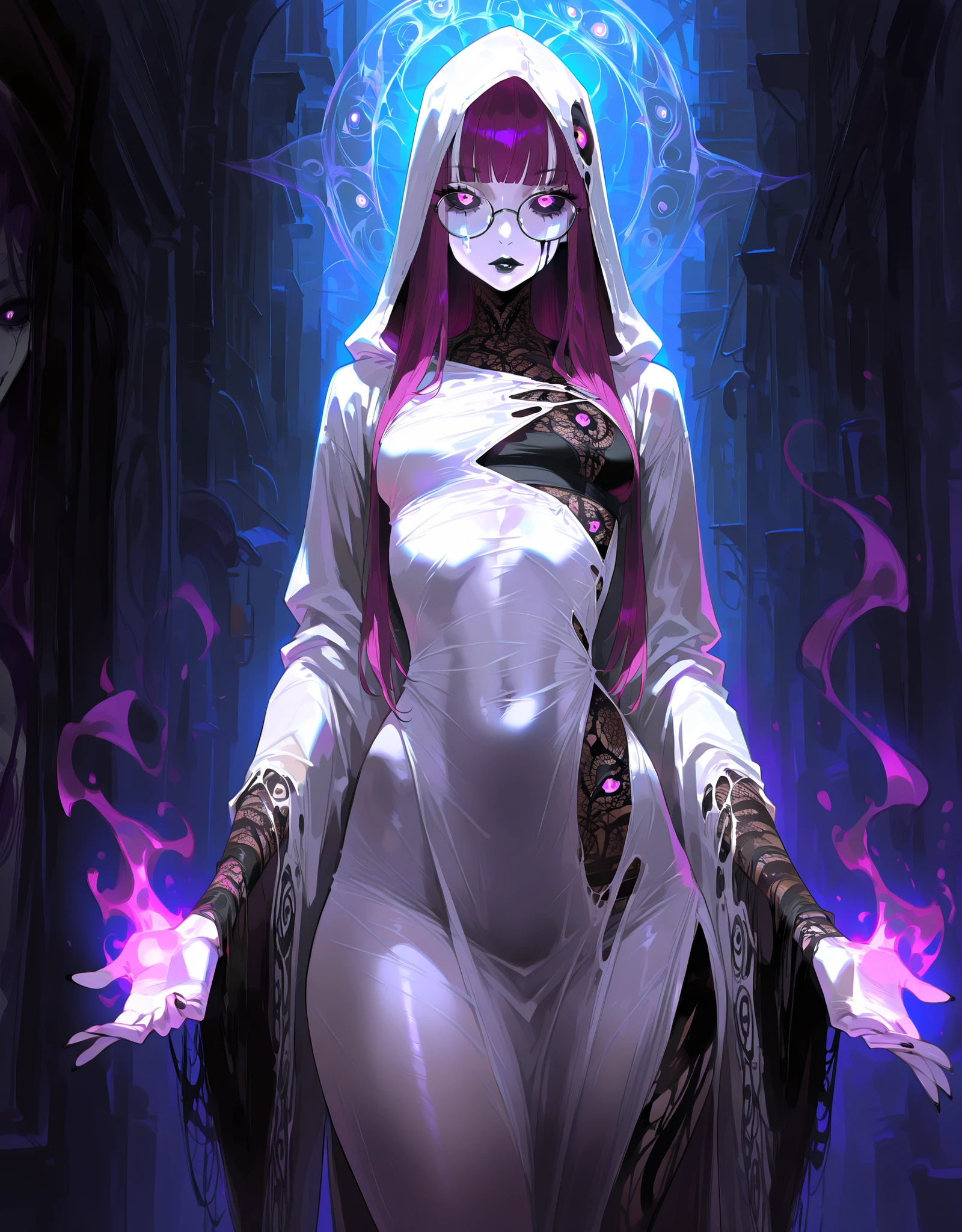 ((NSFW, , best quality, amazing quality, very aesthetic, extremely detailed, intricate details, minute details, detailed background, dramatic cinematic lighting:1.4,incredibly_absurdres, hard light:1.4, masterpiece 8k, vivid colors, rich palette, score_9, score_8_up, score_7_up), ghost woman, ghostfreak skin\(ghostfreak, ghostfreak body, white skin, solo, no humans, purple eye, black sclera, ghost, small breasts, straight bangs,, straight hair, long hair, purple hair, glasses, black crop top, black lips, white hood, white tunic whith black streaks, black marks, stripes, multi eyes\)