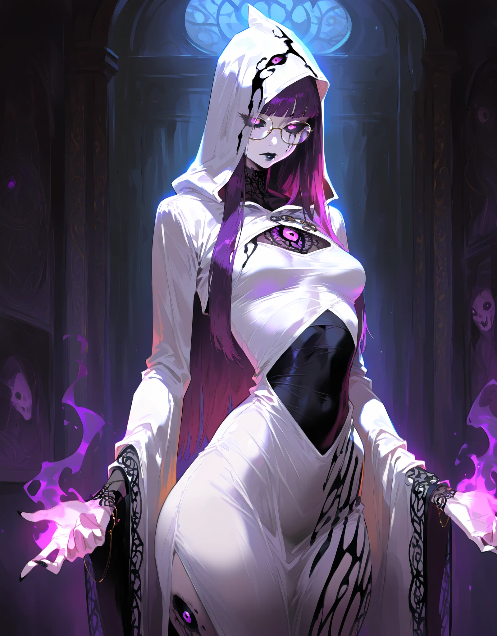 ((NSFW, , best quality, amazing quality, very aesthetic, extremely detailed, intricate details, minute details, detailed background, dramatic cinematic lighting:1.4,incredibly_absurdres, hard light:1.4, masterpiece 8k, vivid colors, rich palette, score_9, score_8_up, score_7_up), ghost woman, ghostfreak skin\(ghostfreak, ghostfreak body, white skin, solo, no humans, purple eye, black sclera, ghost, small breasts, straight bangs,, straight hair, long hair, purple hair, glasses, black crop top, black lips, white hood, white tunic whith black streaks, black marks, stripes, multi eyes\)