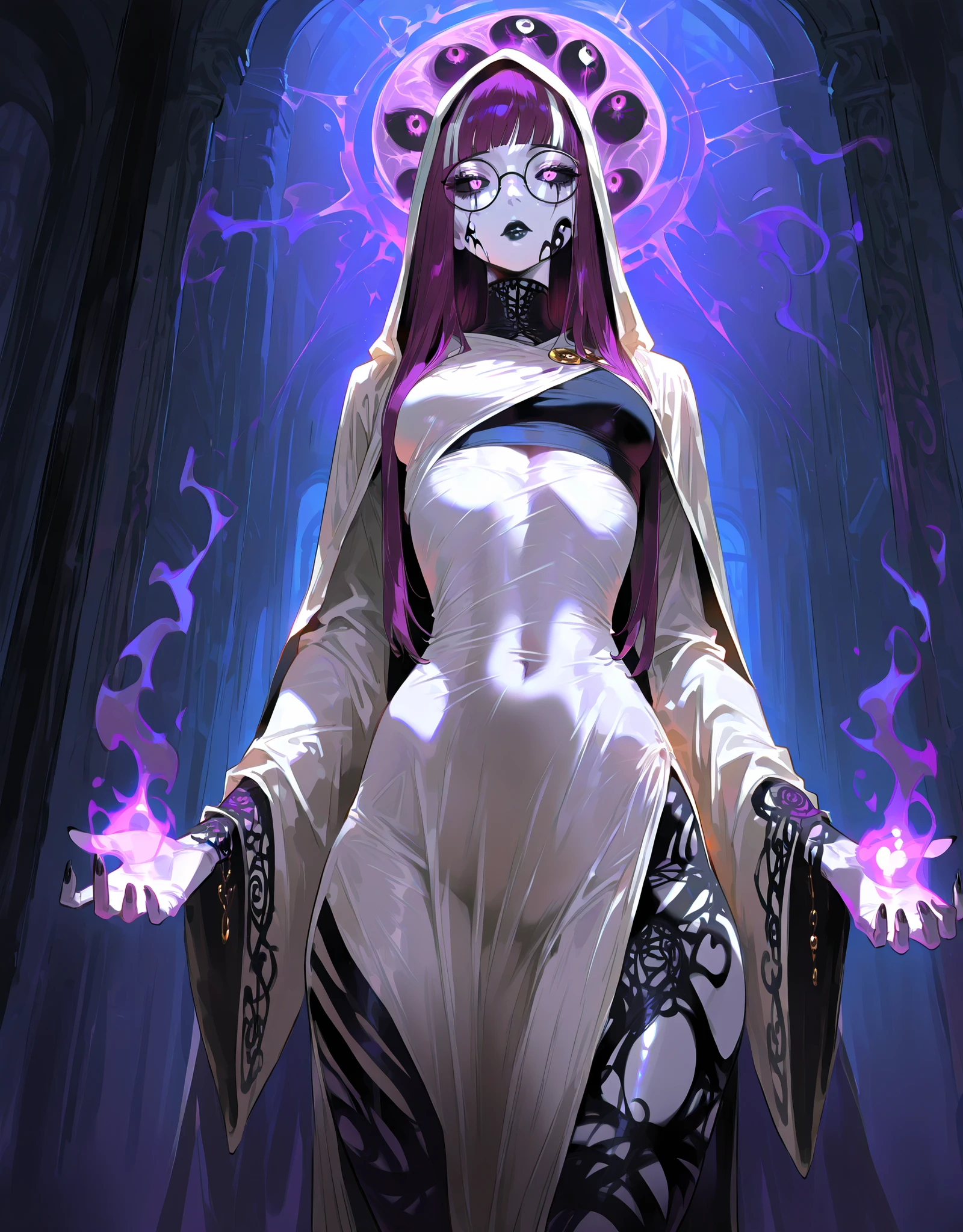 ((NSFW, , best quality, amazing quality, very aesthetic, extremely detailed, intricate details, minute details, detailed background, dramatic cinematic lighting:1.4,incredibly_absurdres, hard light:1.4, masterpiece 8k, vivid colors, rich palette, score_9, score_8_up, score_7_up), ghost woman, ghostfreak skin\(ghostfreak, ghostfreak body, white skin, solo, no humans, purple eye, black sclera, ghost, small breasts, straight bangs,, straight hair, long hair, purple hair, glasses, black crop top, black lips, white hood, white tunic whith black streaks, black marks, stripes, multi eyes\)