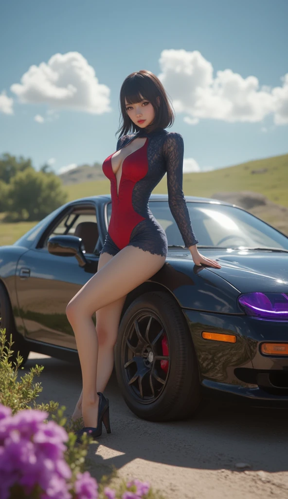 16K, HDR, ray tracing, RTX, ultra realistic, highres, wide angle shot, best quality, masterpiece, full body image, (perfect anatomy ), a beautiful mature milf posing for a photograph sitting on a car roof, wearing a sexy red bikini, long brown hair, bangs, happy chuckle, blue eyes, sexy body, looking at the camera, day time, blue sky, clouds, spaceship in the sky, anime style, outdoors, trending on artstation, WLOP, sakimichan, award wining, great composition, perfect, great lighting