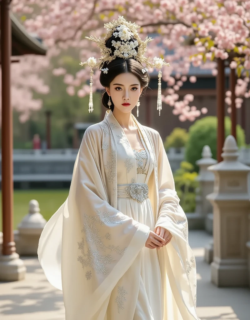 [CHARACTER: Tang Dynasty Imperial Noblewoman]  
Appearance: A breathtakingly beautiful Chinese woman with luminous porcelain skin, elegant oval face, soft round eyes, and an aura of authority mixed with sensuality.  
Outfit: Wearing an **extravagant Tang Dynasty hanfu**, with layers of **rich silk robes** in hues of deep red, gold, or royal purple, adorned with **phoenix and peony embroidery**, golden trims, and flowing wide sleeves. Her outer robe drapes gracefully, revealing inner layers with intricate brocade.  
Hair: Styled in a **tall, elaborate Tang court updo**, decorated with **gold phoenix pins**, **jeweled crowns**, **floral hair ornaments**, and **dangling pearl strings**.  
Expression: Regal and composed, with a soft, knowing smile or a serene, powerful gaze — full of imperial charm and timeless grace.  

[SCENE]  
Location: Standing or seated in a **Tang Dynasty palace hall**, or on a marble terrace with carved dragons, red pillars, and hanging silk drapes. Optionally near **an imperial lotus garden** or **silk-curtained balcony** overlooking the court.  
Lighting: Warm golden indoor lighting, with beams of sunlight from tall windows or lanterns casting soft highlights on silk textures and jewelry.  
Mood: Grand, majestic, and intimate — capturing the elegance and dominance of a woman born to rule.  

[CAMERA]  
Full-body or mid-length portrait, capturing the flow of the robes, the headdress, and facial expression. Side angle or slight tilt for cinematic drama.  

[STYLE]  
Ultra-realistic 8K, cinematic lighting, dramatic shadows, soft focus on background to enhance regal presence.  
Avoid cartoonish tone — use royal color palette, authentic textures, and Tang Dynasty aesthetics.
