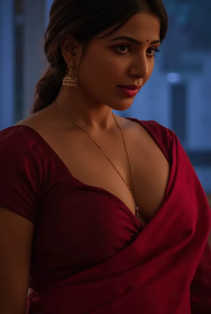nighttime view, close up shot of night scene, close up photo of a 26 years old beautiful girl from top view, wearing red saree, walking in forest night, looking to camera, big and curvy cheeks, hourglass figure, c-cup breasts, ponytail, necklace, (cinematic:1.3), intricate details , (ArtStation:1.2)