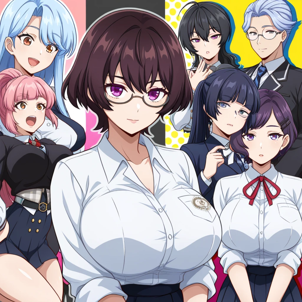 illustration super fine,Novel illustration,master part, ultra detalhado,1Feminino,sozinho,glasses,ahegao,cabelos pretos,cabelos compridos, Olhando para o Viewer, corar, sala de aula, franja,bowtie, olhos vermelhos, seios grandes, bikini