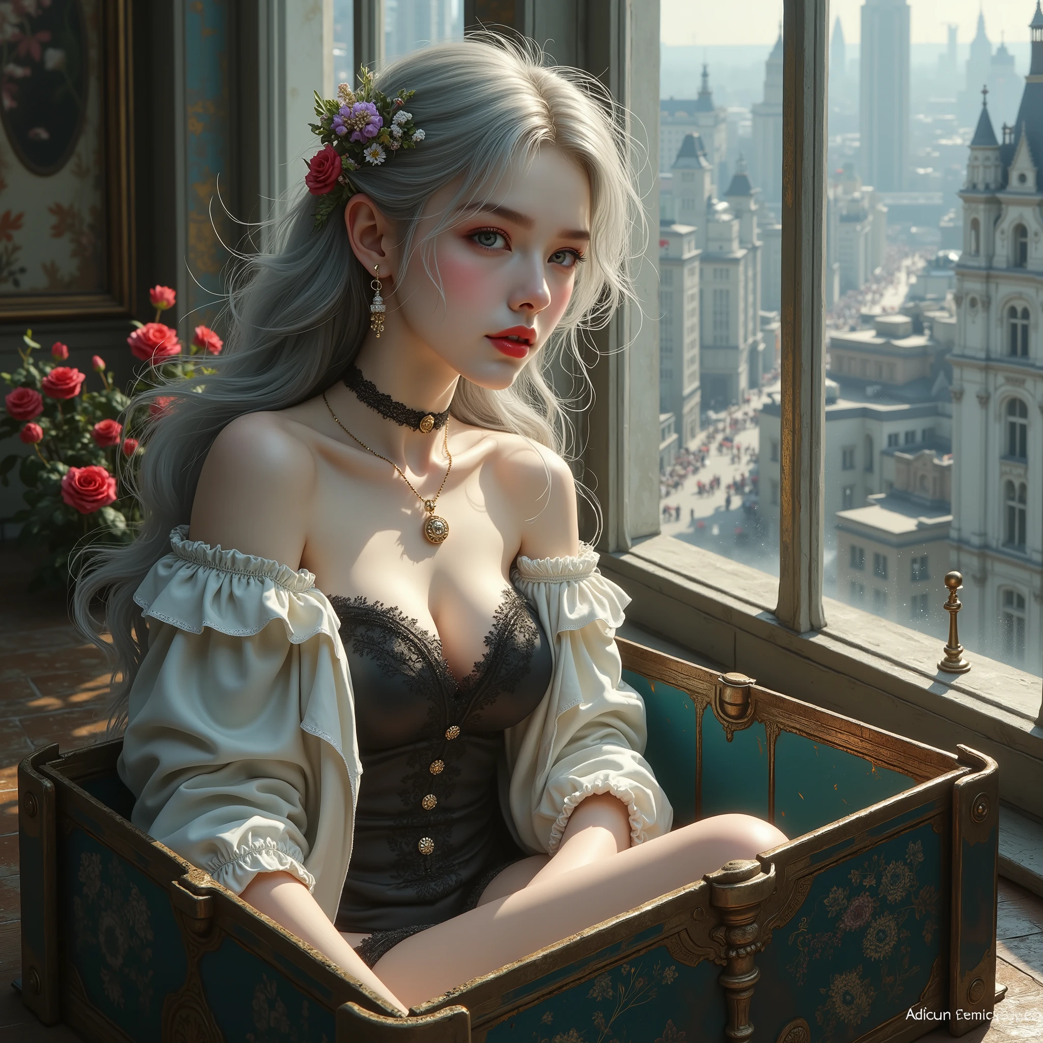 ((woman lying inside a gift box))、(masterpiece、Highest Quality、steampunk art、sunlight、illuminates your face、Super Detail、written with thigh composition、Magic Rim、Gray Hair、Real queen、 red lips、Super Detail、very detailed、(high contrast:1.11)、wind、great、beautiful細部の目、disheveled hair、(best lighting from above、とても繊細でbeautiful)、((Cinema Light))、((Fits perfectly from head to toe:1.3))、((Adrian Honig)girl with blond hair and blue eyes、beautiful、thin((Off-the-Shoulder Wet White Blouse、Black silk underwear))、Bite underwear 、sexy pose、(Girl Lying in a Box)、 (Cleavage coordination),(butt sticking out)、short bob woman、Bite underwear 、sexy pose、Thin lower body、woman has a window behind、you can see various buildings around town(disorganized、high definition、Super Detail)、