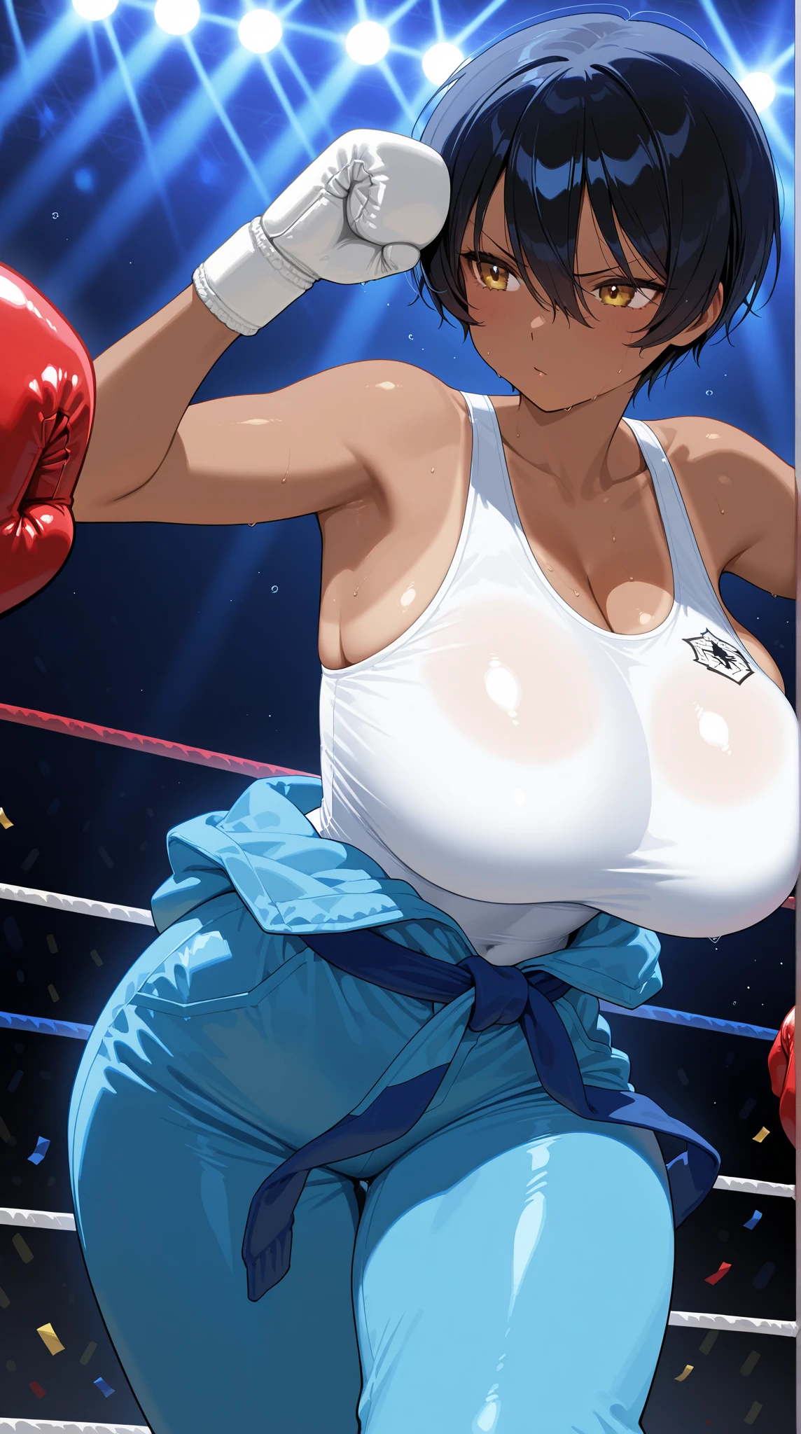 ((Atsuko)), Sexy lips, blue thong, nude , ((Boxing gloves)), Big ,Sweat all over the body, bouncing breast, small boobs, petite body,(Ecstatic look),steam, angry eyes, accurate anatomy, NSFW,Female face, pornographic