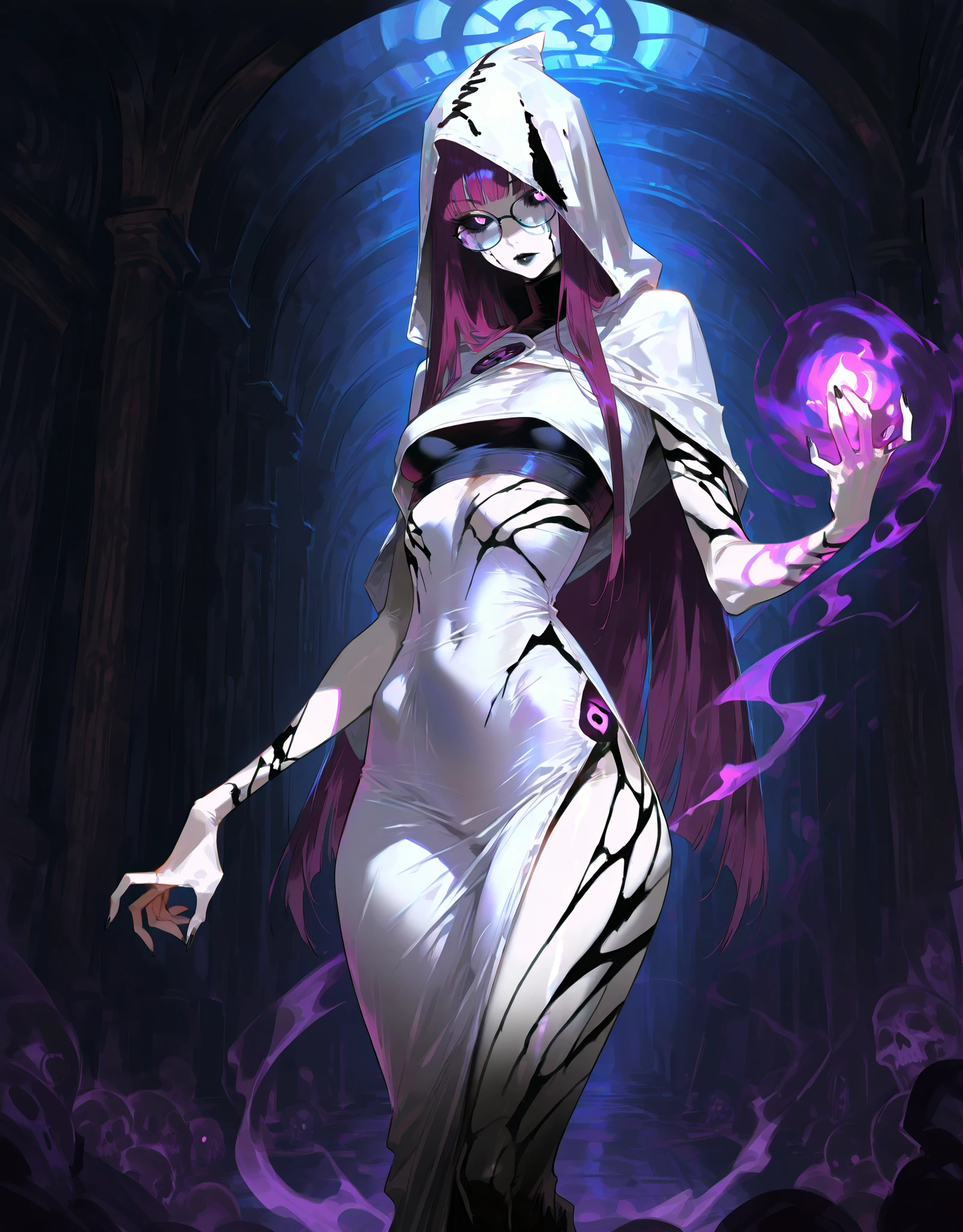 ((NSFW, , best quality, amazing quality, very aesthetic, extremely detailed, intricate details, minute details, detailed background, dramatic cinematic lighting:1.4,incredibly_absurdres, hard light:1.4, masterpiece 8k, vivid colors, rich palette, score_9, score_8_up, score_7_up), ghost woman, ghostfreak skin\(ghostfreak, ghostfreak body, white skin, solo, no humans, purple eye, black sclera, ghost, small breasts, straight bangs,, straight hair, long hair, purple hair, glasses, black crop top, black lips, white hood, white tunic whith black streaks, black marks, stripes\)