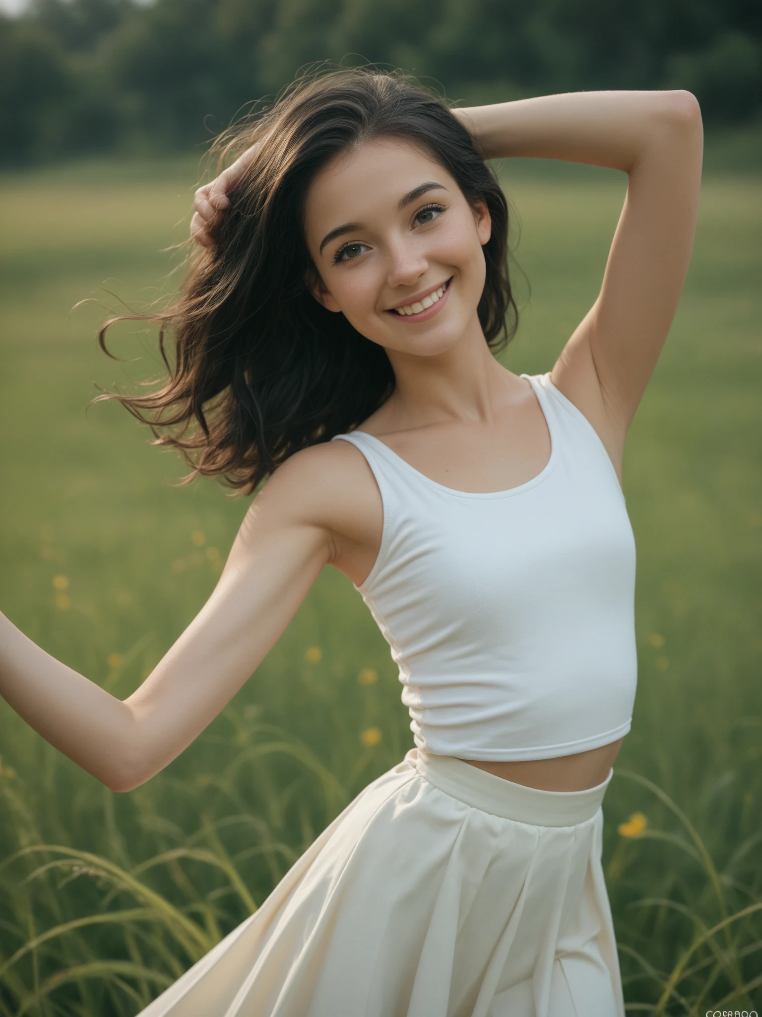 [nudity, explicit] nsfw, A youthful, spirited girl with a radiant smile, her hair playfully tousled by the breeze. She's dressed in light, comfortable attire that suggests a love for nature and adventure perhaps a simple dress or casual outdoor wear. Her eyes sparkle with delight as she takes in the beauty of the surrounding landscape, reflecting a deep appreciation for the natural world and the joy of being alive in such a breathtaking setting.
Realistic with a sense of freshness and vitality, capturing the essence of the outdoors.
Wildflowers in a myriad of colors dotting the grass around her, swaying gently in the breeze.
A clear, high blue sky above, imparting a sense of openness and joy, embodying the vibrancy of life., highres, ultra detailed,
cel shading, bold outlines, flat colors, sharp shadows, graphic style, manga influence, clean linework, striking visuals