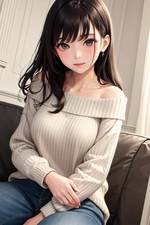 ((best quality)), ((masterpiece)), (detailed), 1girl. off-shoulder sweater. Bottomless. Black hair. Spread legs. Cleavage. Vagina. Small breast.