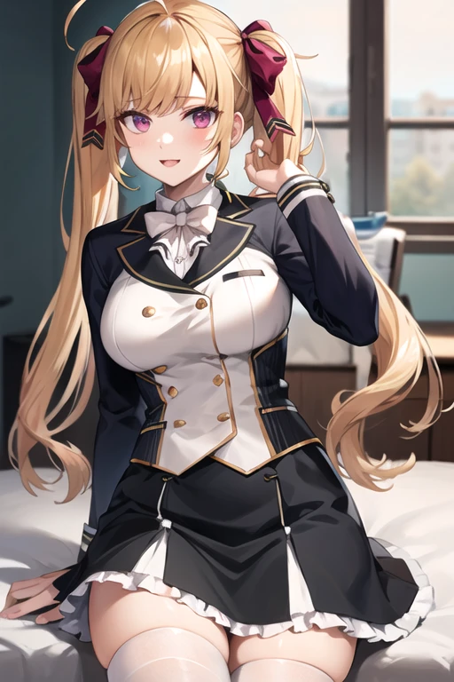 (((Upper Body、Exposing the breasts)))、((Shiny underwear)))、Uniform Blazer、Beautiful beauty、Long golden hair、((whole body))、(((Photo taken from below)))、School、classroom、Large Breastini skirt、Panties are black、Japanese、expensive、Long limbs、18-year-old、saeki kaori、A beautiful nose like a model、Please put your hands on your hips、Natural smile、Sexy pose、Hairstyle: Ponytail