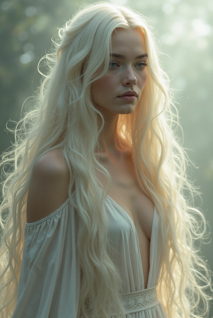 albino woman with very long hair, White skin, blue eyes, seductive look, big tits, giant breasts, milf, with tight-fitting white clothing with gold details, very sexy, very huge tits, olive branches around, in sexy and sensual pose, albino by the wide, by white, by albino, big blue eyes, in ancient rome, snow around, snowflakes, roman monuments