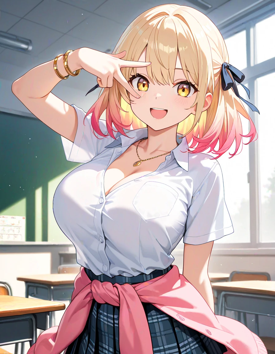 ((pretty Room, wall with (a lot of paw print):1.3)), 🐾, colorful, high school girl with the best smile, standing, (((view from a distance))), ((masterpiece)), ((best quality)), ((extremely detailed cute anime face)) , ((beautiful detailed eyes)), ((ultra detailed hair)), highest quality, ((ultra detailed)), (illustration), ((dynamic angle:1.3)), (1girl), very large breast, (100 layer), (chroma), (sharp), ((a high school girl)), (School Uniforms:1.2), (gyaru:1.2), (white shirt:1.4), (beige cardigan tied around waist:1.3), ((cleavage, unbuttoned):1.2), (plaid-pattern pleated-skirt:1.2), ((necklace,colorful bracelet,X hair ornament):1.2), (sunshine with lens flare), (flawless anatomy), (perfect hands),
