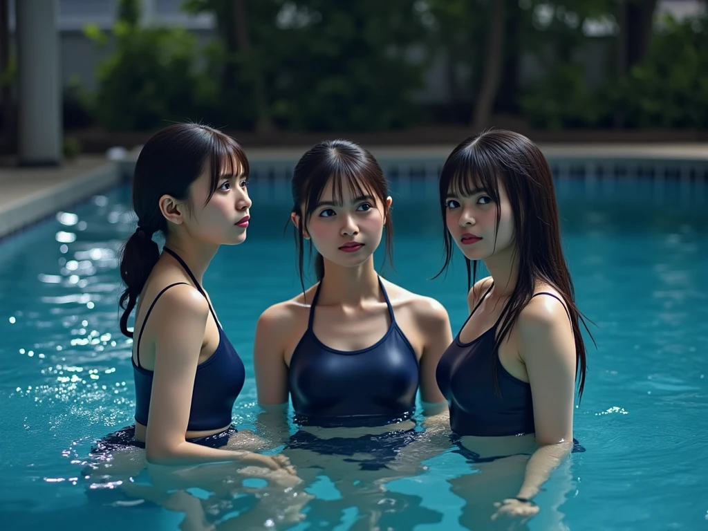 Extremely Detailed (12girls crowded together:1.37), Oodles of girls in background, Smiling, (White(Skinny(school swimwear:1.28))), School pool, Full body、(32K best quality masterpiece:1.25) ((Photorealsitic:1.37)) Baby Face, Every Girl Wetted