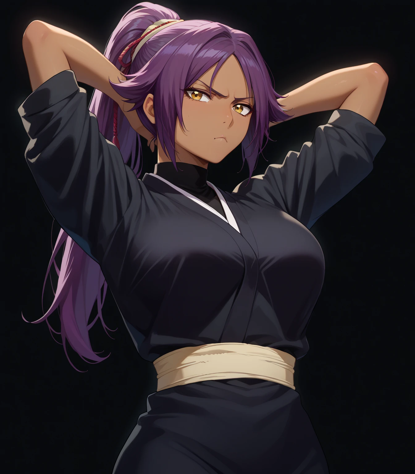 score_9, score_8_up, score_7_up, rating_explicit, masterpiece, best quality,high quality,highres,very aesthetic, absurdres, high detailed,optimal lightning,4k,8k wallpaper, source_anime, uncensored,official art, official style, megami magazine,BREAK,1 girl,yoruichi, yellow eyes, ponytail, purple hair,dark skin, dark-skinned female,shihouin yoruichi,unamused,disappointed,embarrassed,half-closed eyes,looking up,kneeling,v arms,handsfree paizuriBREAK,1boy,BREAK,from above,