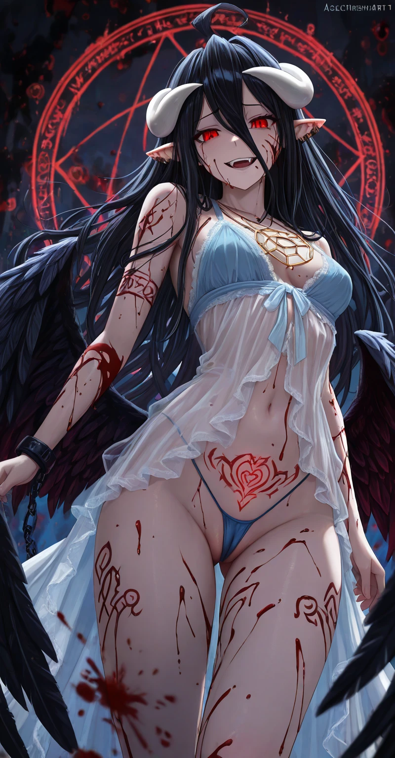(32K:1.5, Dark fantasy:1.4, Highest quality, masterpiece, Ultra-high resolution), Perfect dynamic composition:1.3, Horror Portrait, chaos, Dark Background:1.3, Prisoner, slave, Dark Demon World, (Detailed tattoos on the whole body:1.4, Wearing exquisite jewelry:1.4), Very detailedな肌と顔の質感:1.3, Very accurate, Very detailed, (Cute and sexy succubus demon with big wings:1.3, Incredibly slim body:1.3, beautifully、beautiful:1.3), Horn, Fair skin, Sensual posture, ((Putting Badly Torn Clothing Back on Properly:1.3)), Mid-chest, (Big eyes that exude beautiful eroticism:0.4, Feel the intense caress:1.0, Open your mouth a little, lipstick, Feel the beautiful eroticism:0.9, Too sexy and cute:0.8, charm的な:0.8), ((Bloody:1.5, Covered in scars:1.5, Physical pain:1.6, Lots of chains:1.6, Countless chains tangled in clothes:1.6, Chain your right arm:1.5, Chain the left arm:1.5, The right leg is bound with a shackle and chain:1.5, The left leg is bound with a shackle and chain:1.5)), Super long blonde curly hair, Earrings, necklace, bracelet, romantic, mysterious, elegant, Object of admiration, original, dramatic, artistic, Innovative, charm, Heartful, Fancy, sense of openness, sense of cleanliness, special, exciting, Extreme, Tilt, sense of loss, sorrow, sorrowの表現, ((大人のcharm, 女性的なcharm))