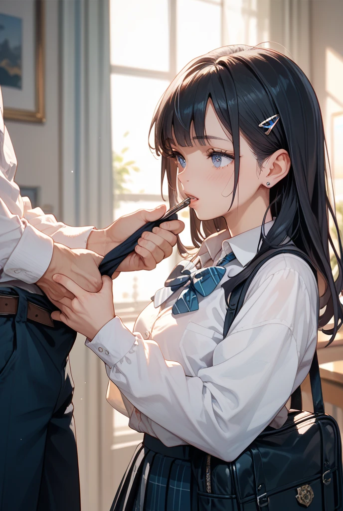((Highest quality))、((masterpiece))、(detailed)、((Anatomically correct))、(High resolution、8k)、Side angle、1 girl、fellatio、Penis from the side of the screen、Open your mouth wide、Half-closed eyes、blazer、classroom、tits、F Cup、Slipping、Nipples、Black Hair
