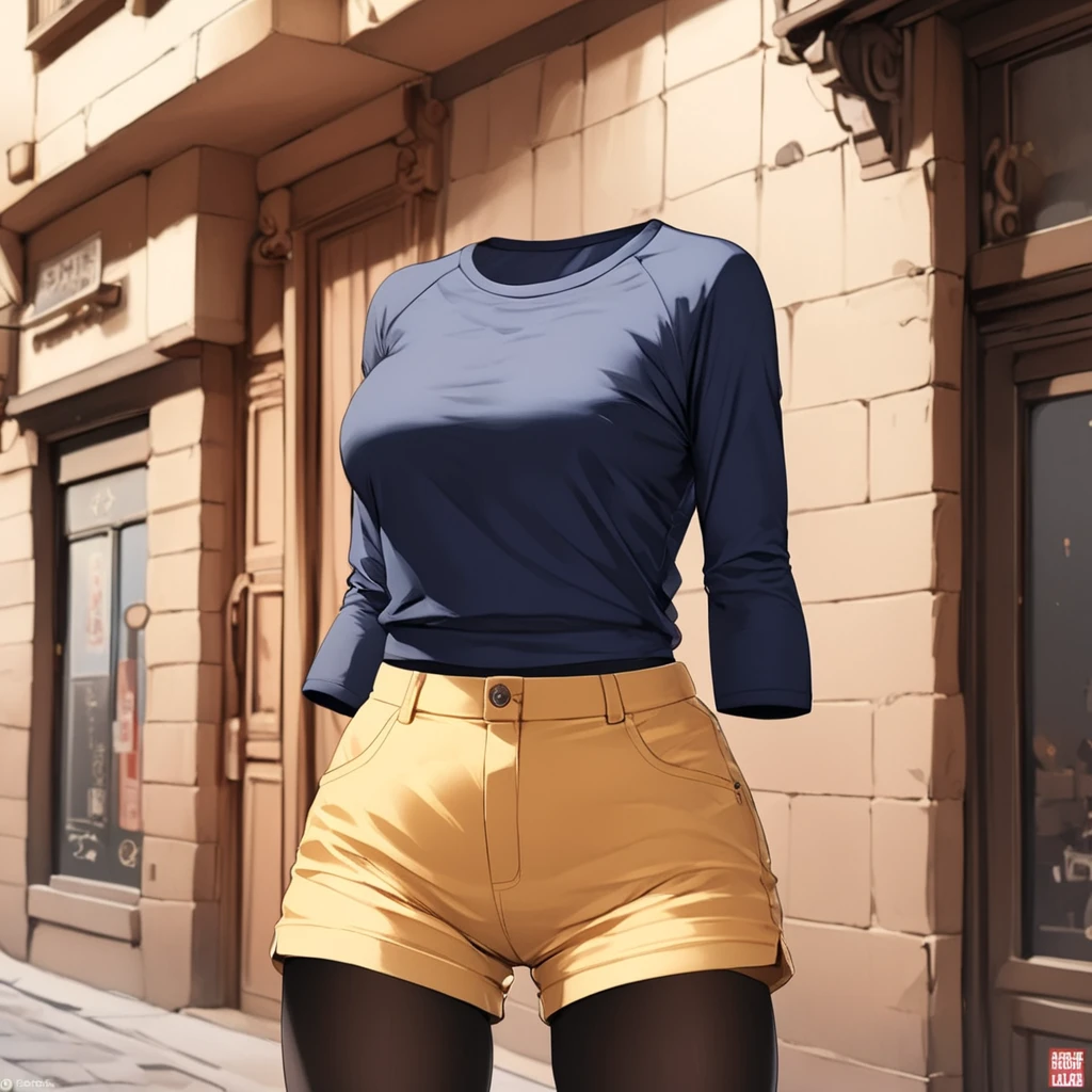 (invisible:1.5, no humans:1.5, headless:1.5, faceless:1.5), ( aarosa, shirt, raglan sleeves, short shorts, yellow shorts, pantyhose under shorts, black pantyhose, dynamic pose:1.2), in city, (big breast), (best quality, masterpiece:1.2), (((detailed cloth texture, detailed anime, super fine illustration)))