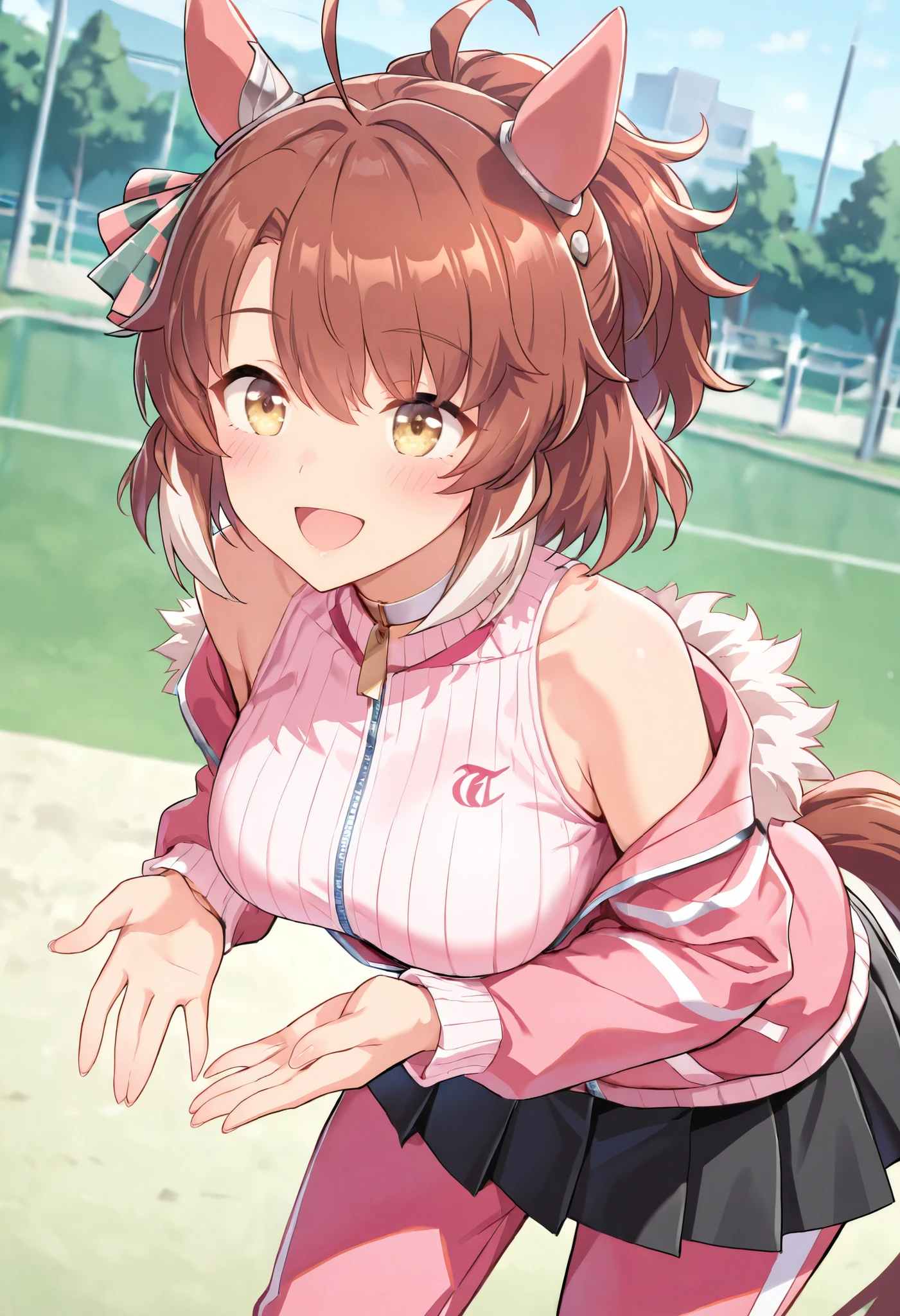 (masterpiece, best quality, perfect face:1.4), wide angle, dantsu_flame\(umamusume\), ahoge, side ponytail, short ponytail, horse ears, ear cover, ear ornament, hair ornament, horse tail, tail on the lower back,1 girl, proportional body, proportional,beautiful hair, beautiful face, beautiful detailed eyes, beautiful clavicle, beautiful body, beautiful chest, beautiful thigh, beautiful legs, beautiful fingers, BREAK, ribbed sweater, fur trim, bare shoulders, off shoulder, white choker, black skirt, jacket, long sleeves, pants, pants under skirt, (pink jacket:1.5), pink pants, pleated skirt, skirt, track jacket, track pants, track suit, BREAK, blush happy smile (open mouth), textured skin, realistic skin, HDR, BREAK, good hands,