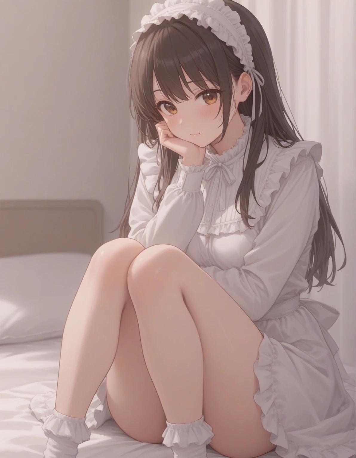 best quality,highly detailed,masterpiece,ultra-detailed,solo,1girl,(white background:1.5),(Delicate eyes),twintails,low_twintails, brown_eyes, brown_hair,eyebrows_visible_through_hair,off-shoulder shirt,bangs, long_sleeves, ribbon, blush,expressionless, lying