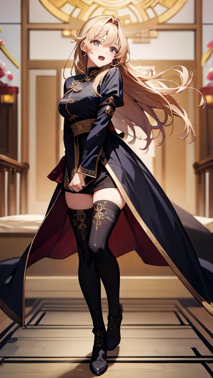 A woman,Long blond hair,Red eyes,Wear a black military cap,Wearing a black bikini,Long legs,Nipple protrusion,Twenties,exposed,Black high heels,Huge breasts,超级Huge breasts,Standing